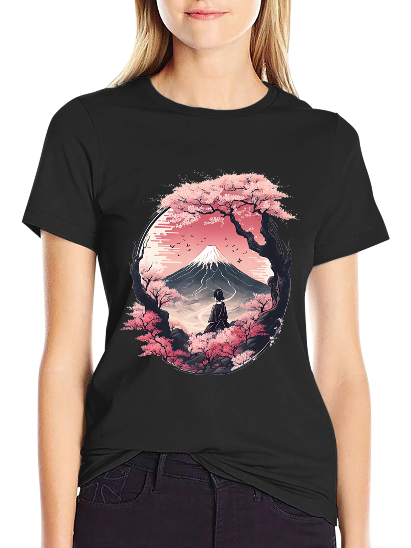 Sakura Mountain Graphic Tee - Unisex Black T-Shirt