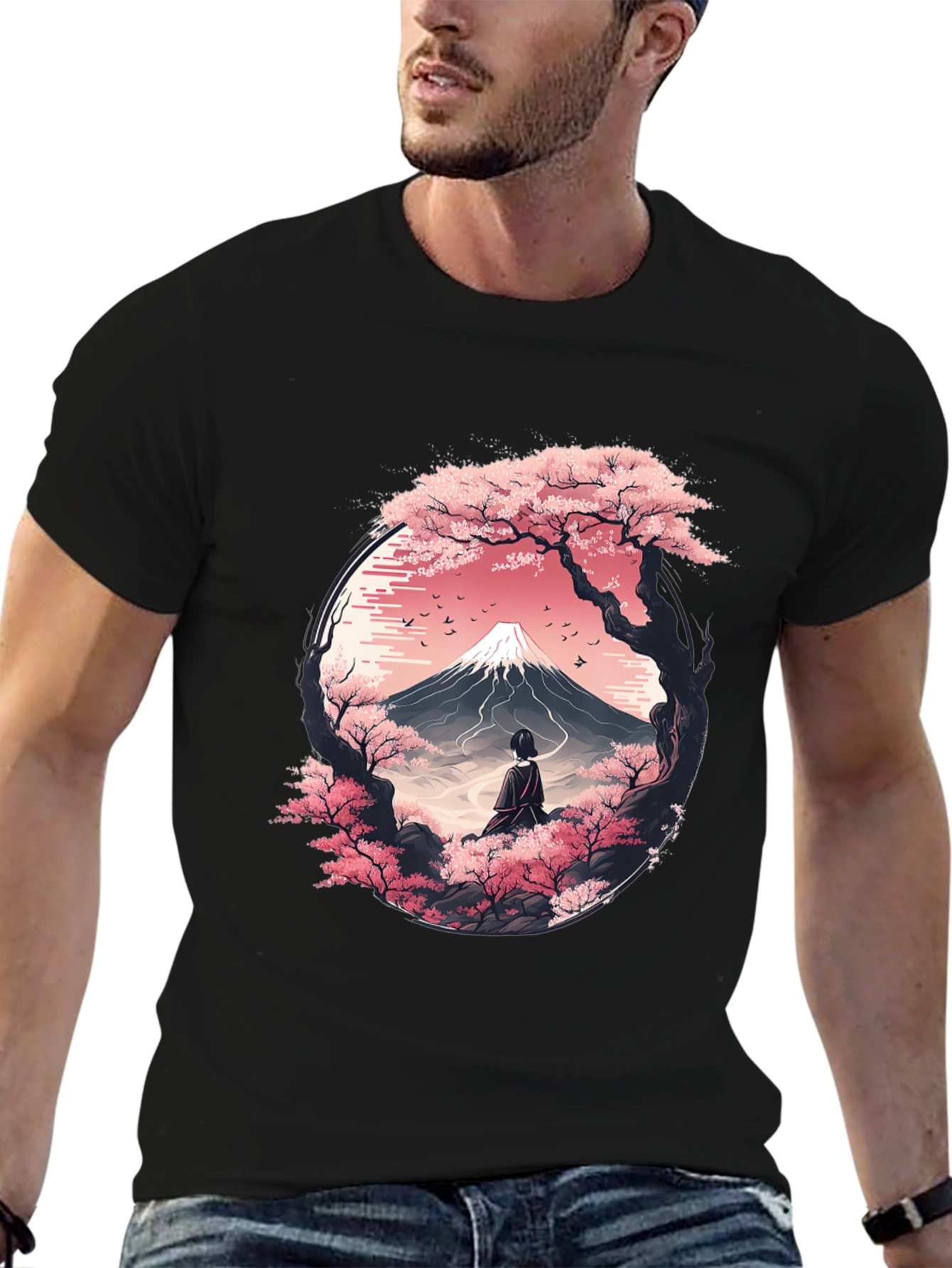 Sakura Mountain Graphic Tee - Unisex Black T-Shirt