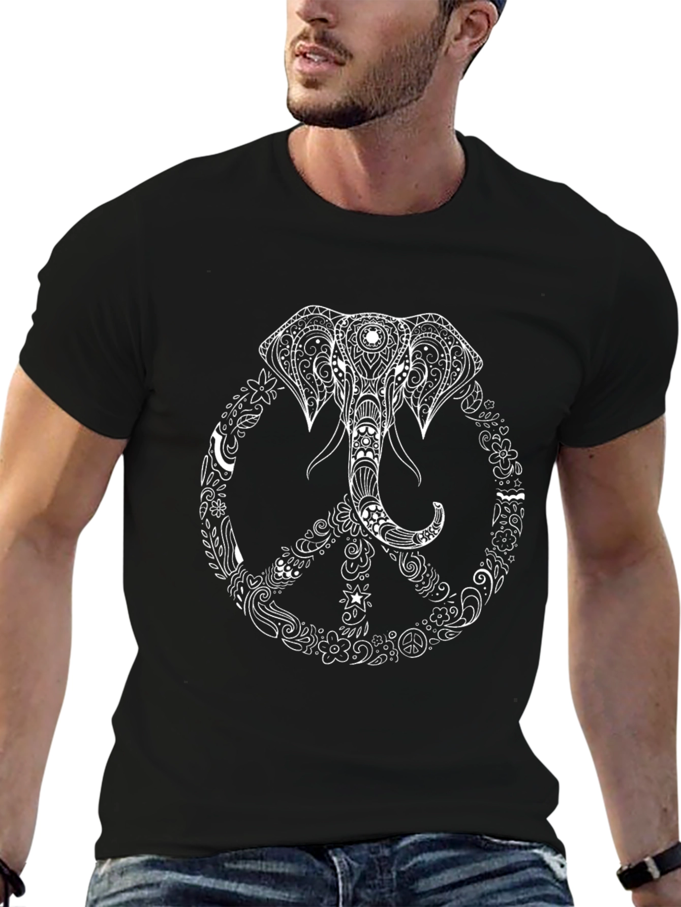 Elephant Peace Sign Graphic Tee - Black Cotton T-Shirt
