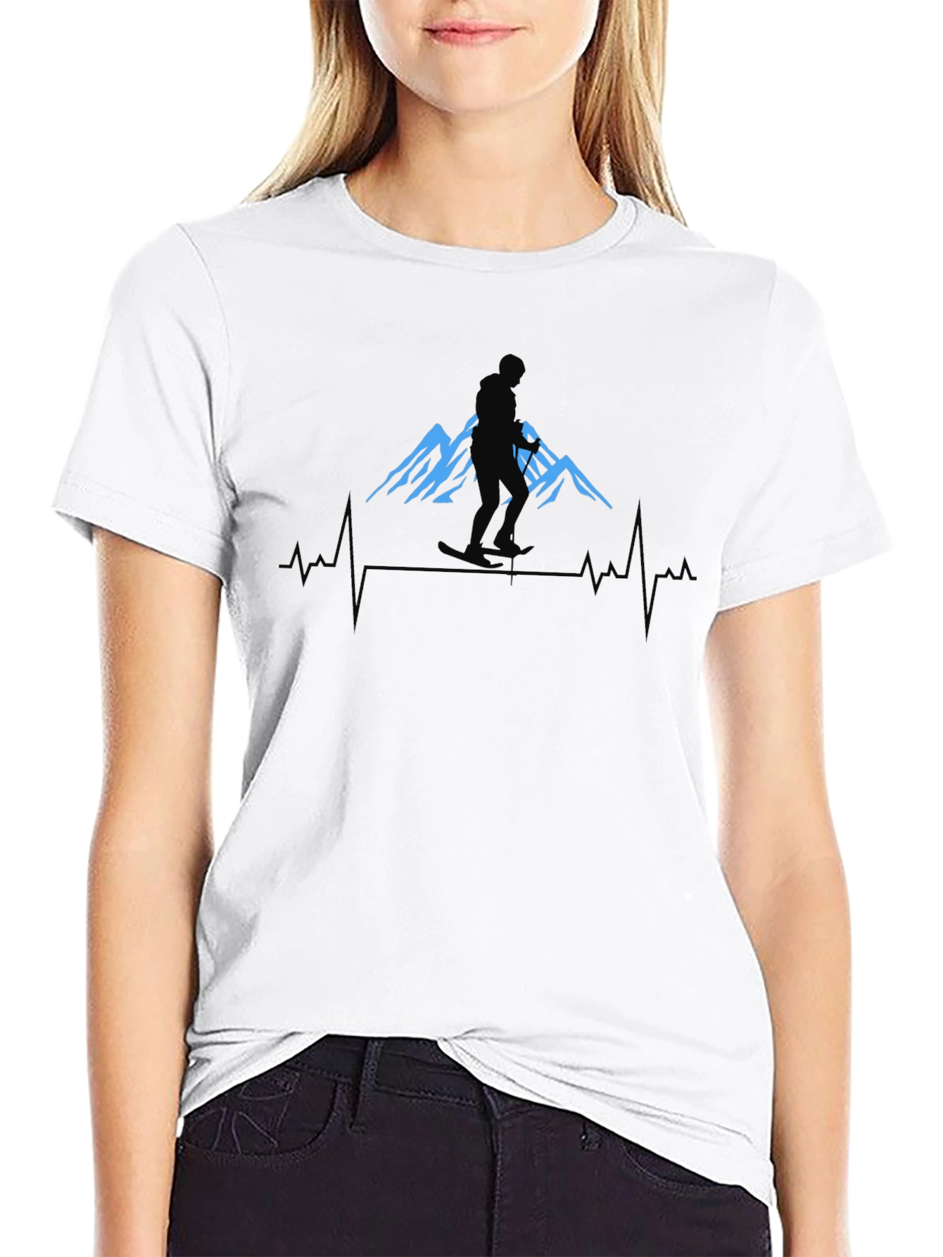 Mountain Skier Heartbeat Graphic Tee - Black