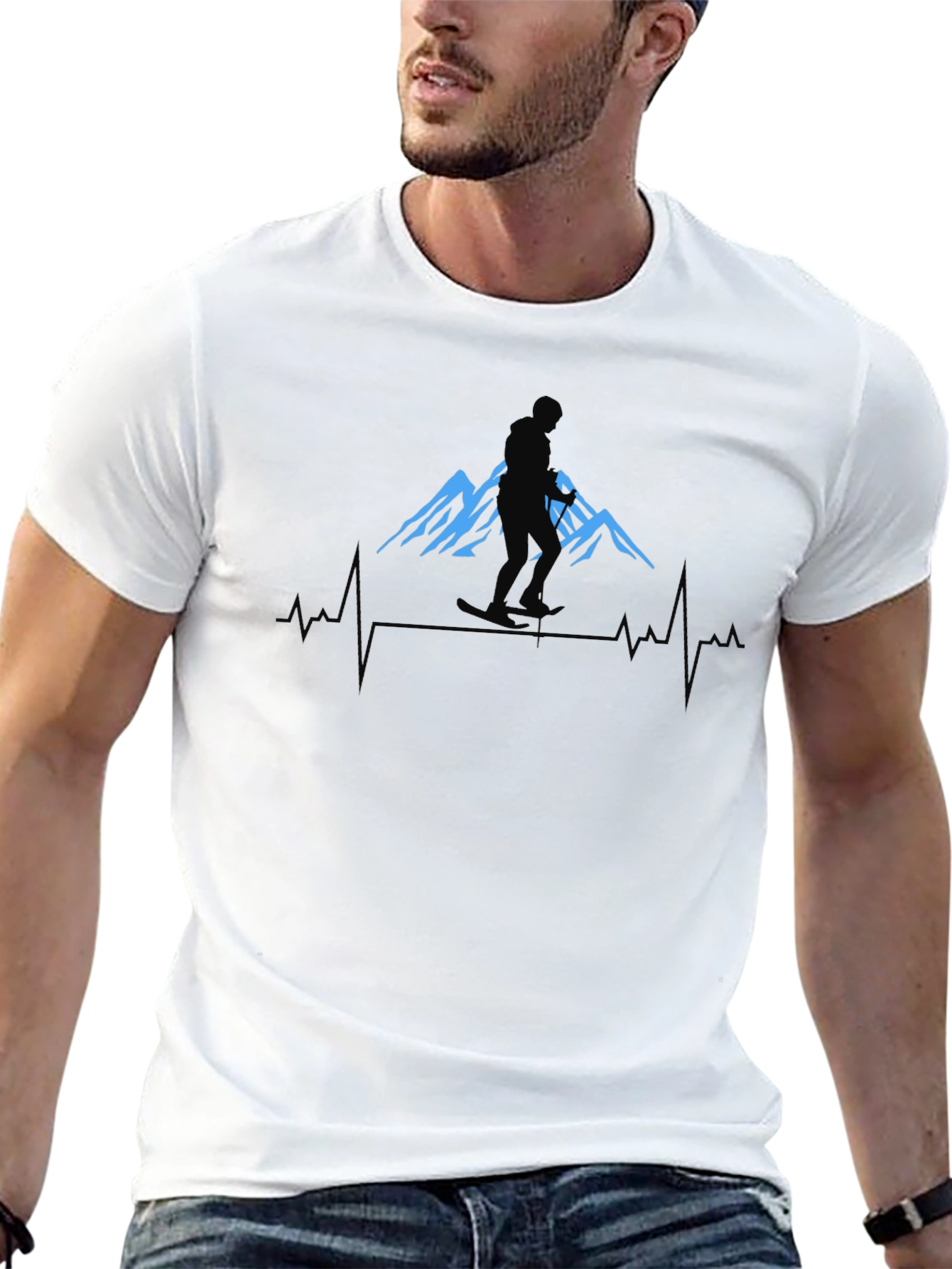Mountain Skier Heartbeat Graphic Tee - Black