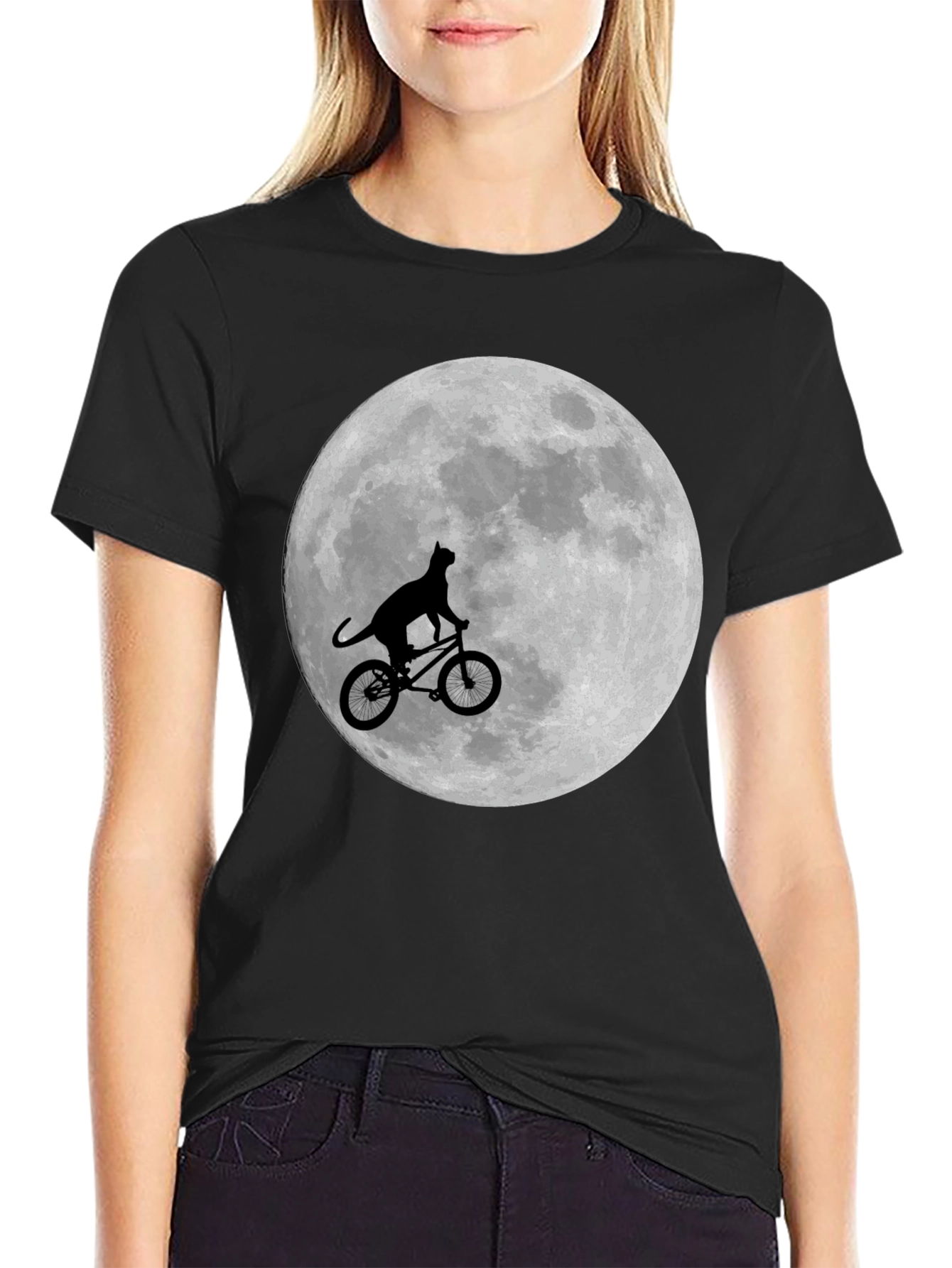 Cat on Bike Moon Graphic T-Shirt