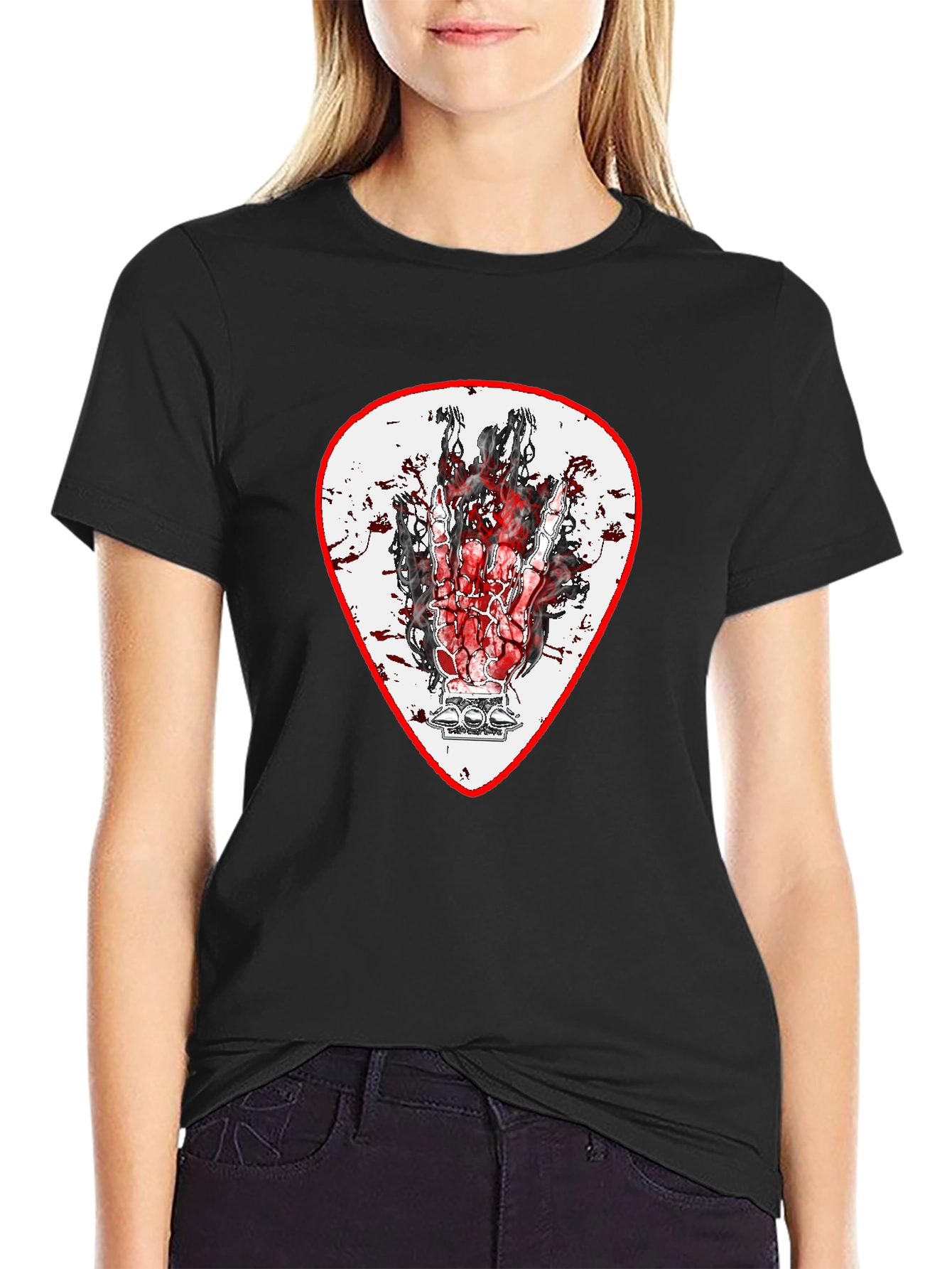 Rock On Hand Guitar Pick Black T-Shirt