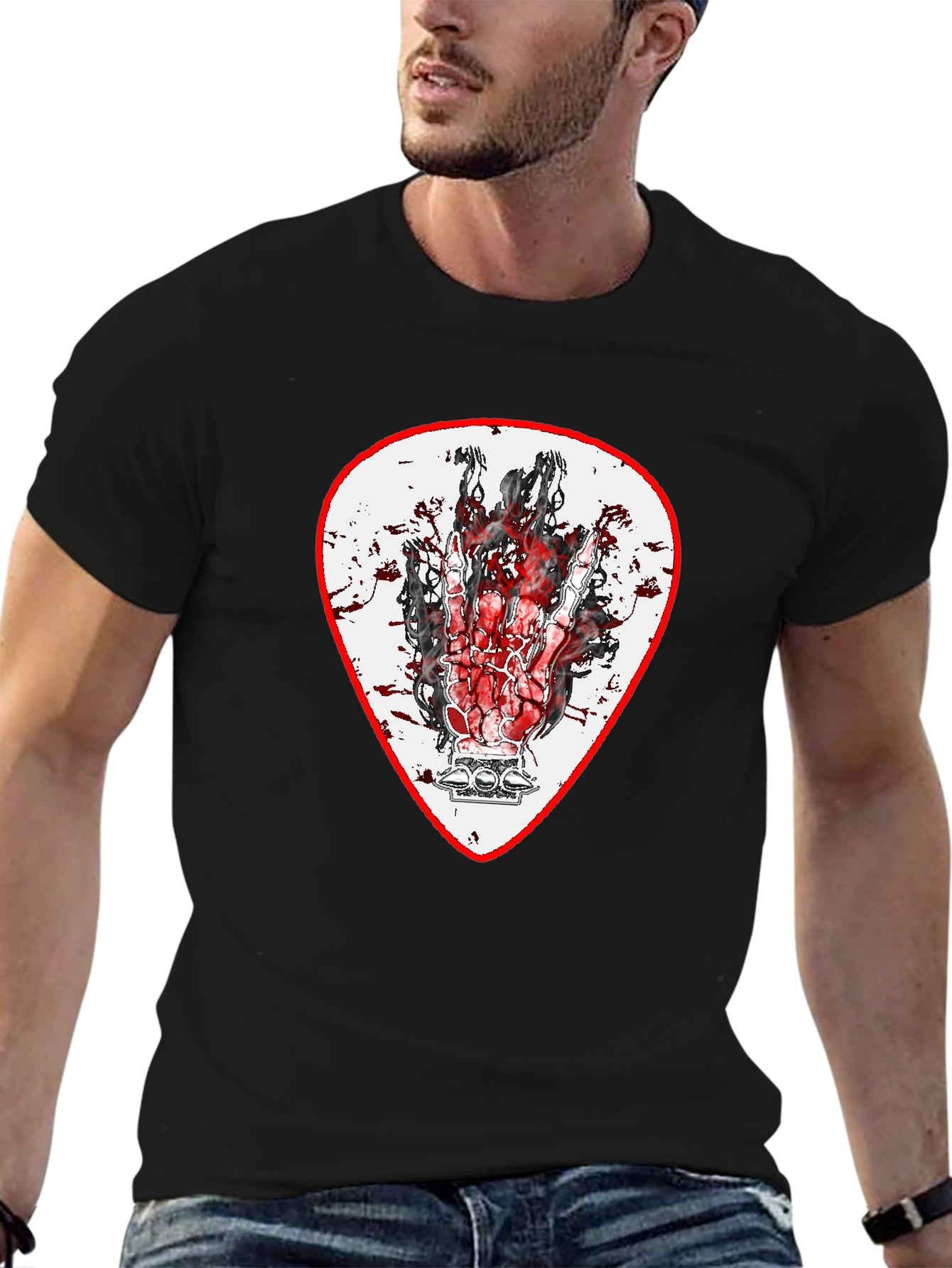 Rock On Hand Guitar Pick Black T-Shirt