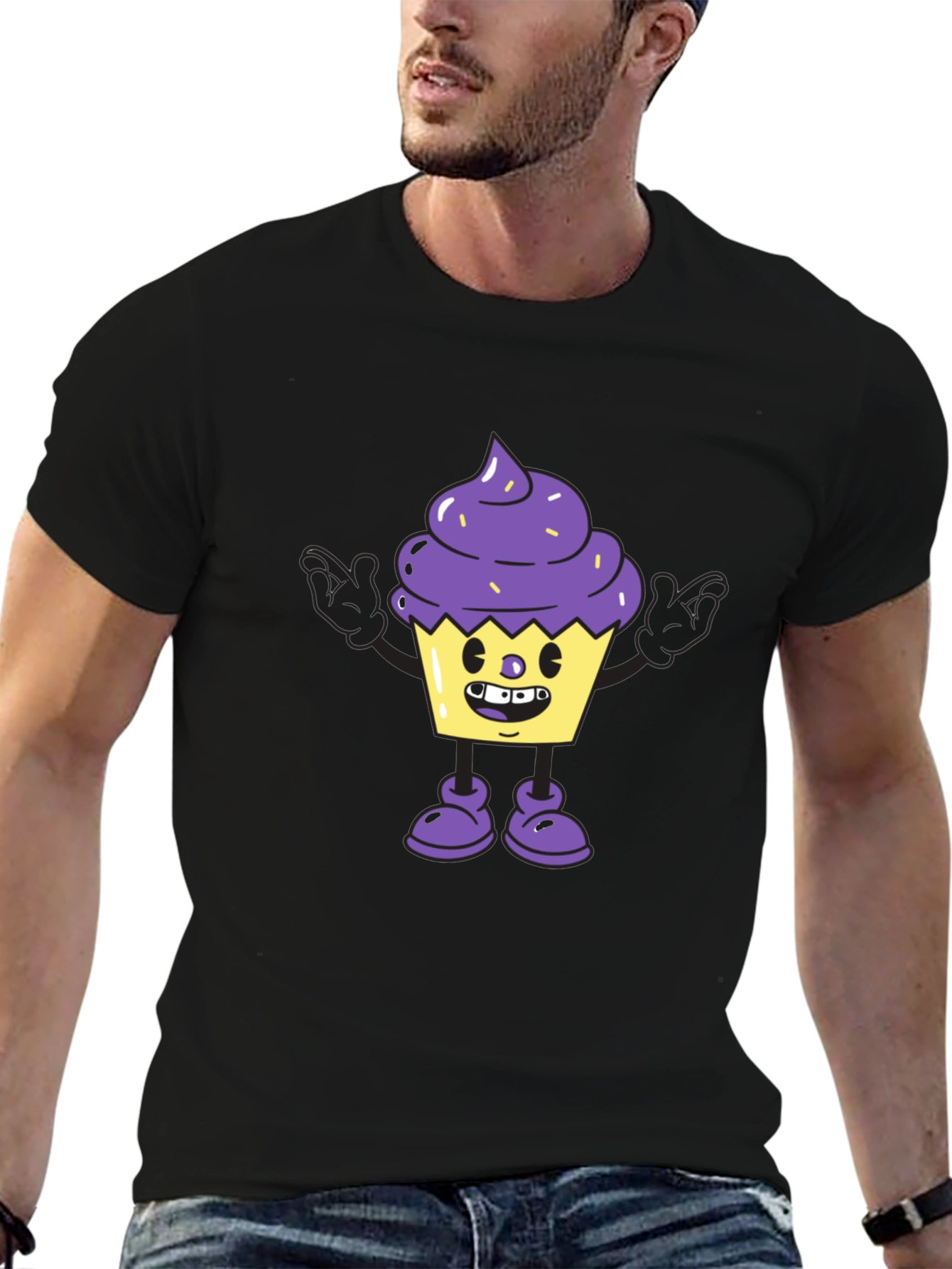 Cartoon Cupcake Graphic Tee - Black