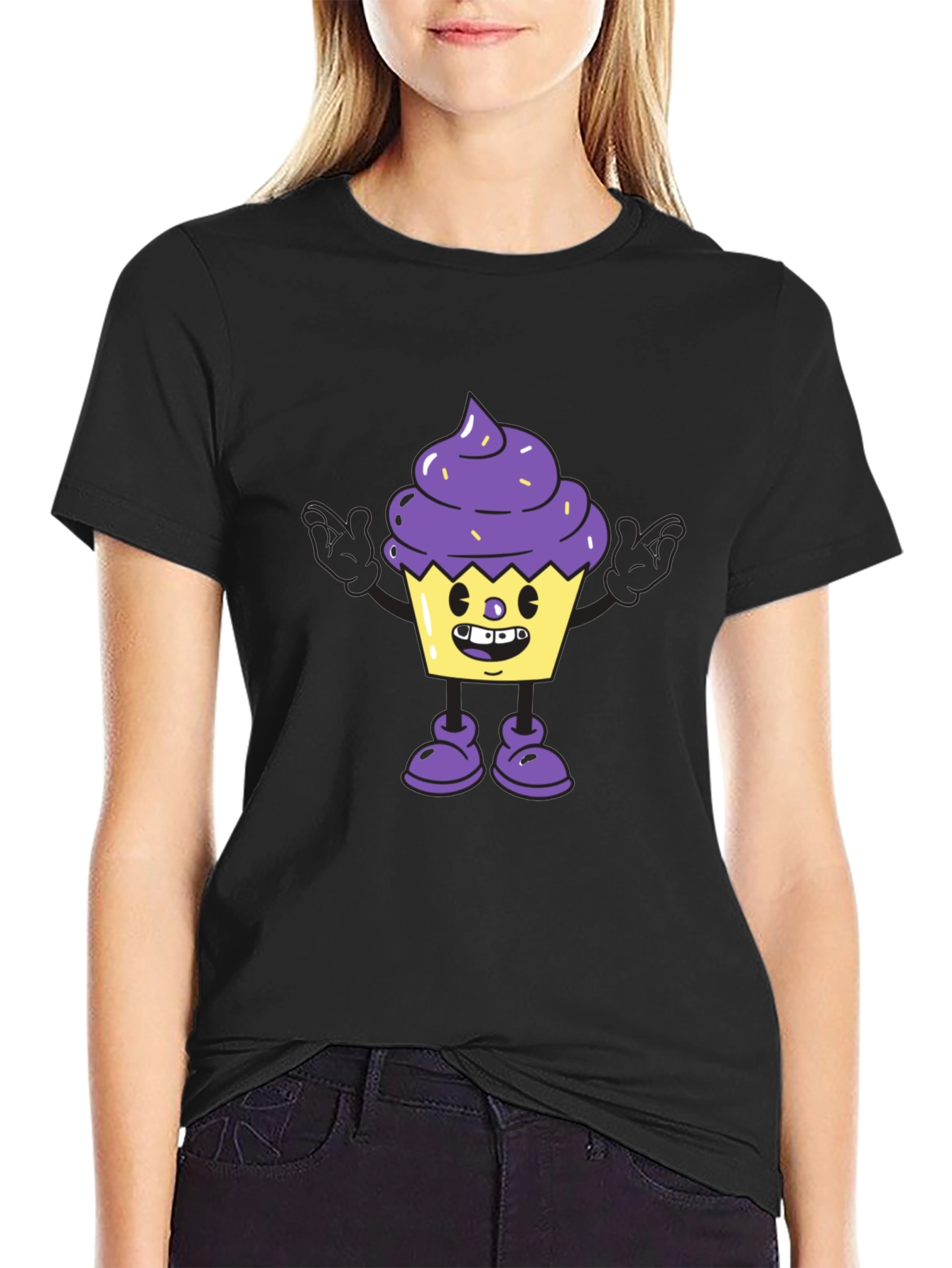 Cartoon Cupcake Graphic Tee - Black