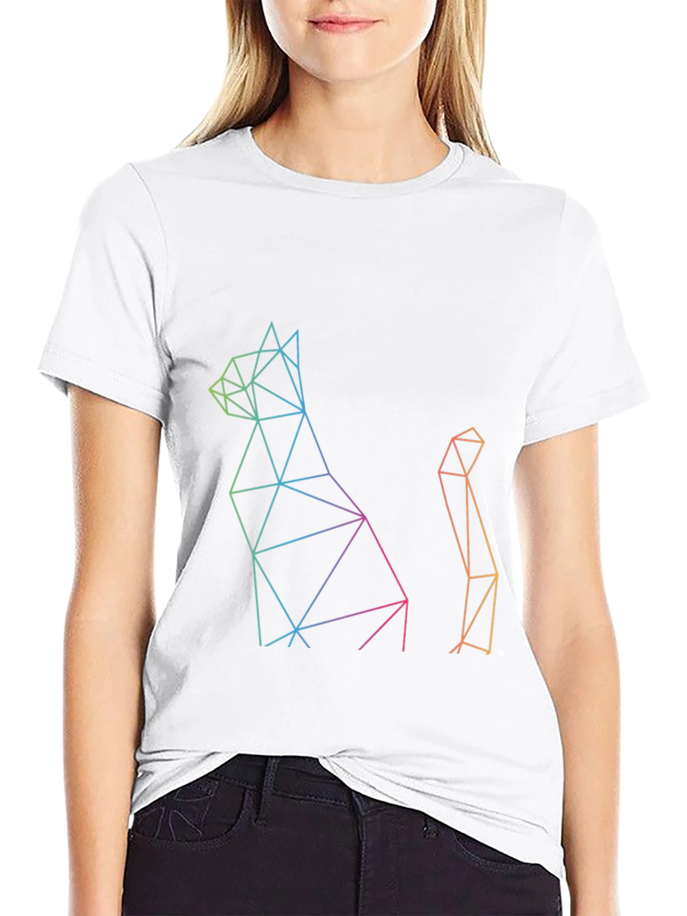 Geometric Cat Print Black T-Shirt