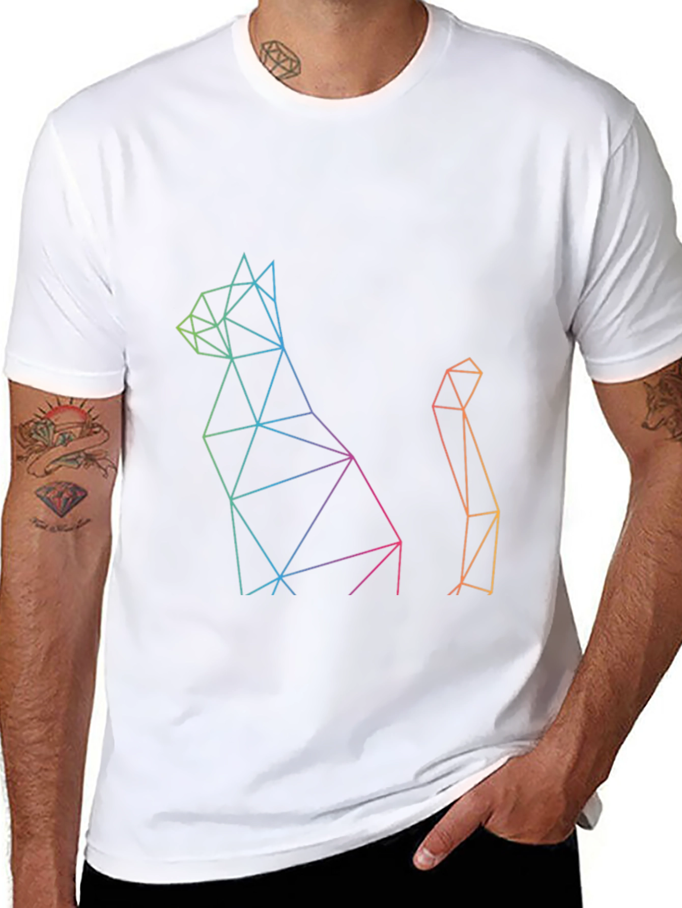 Geometric Cat Print Black T-Shirt
