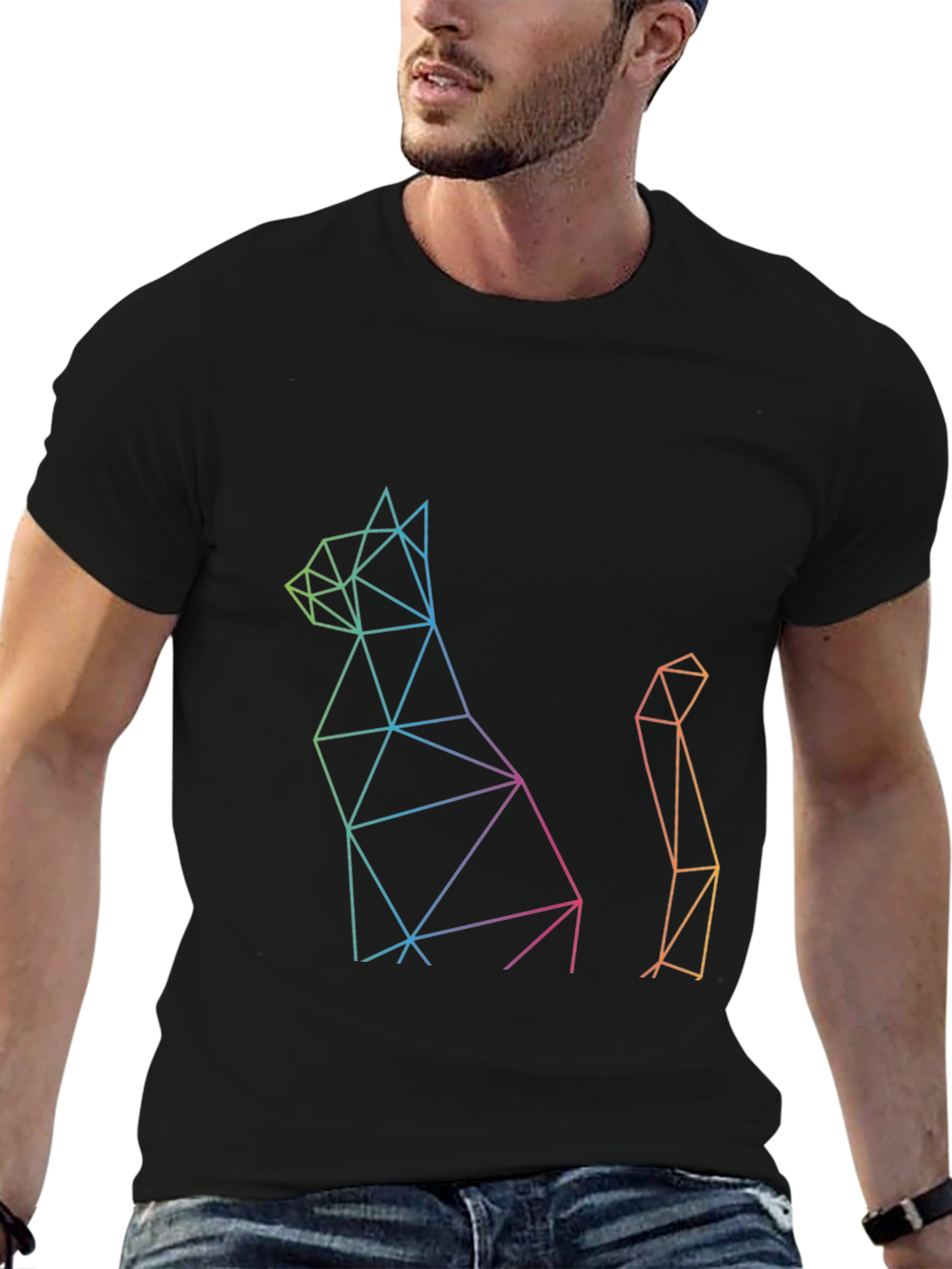 Geometric Cat Print Black T-Shirt