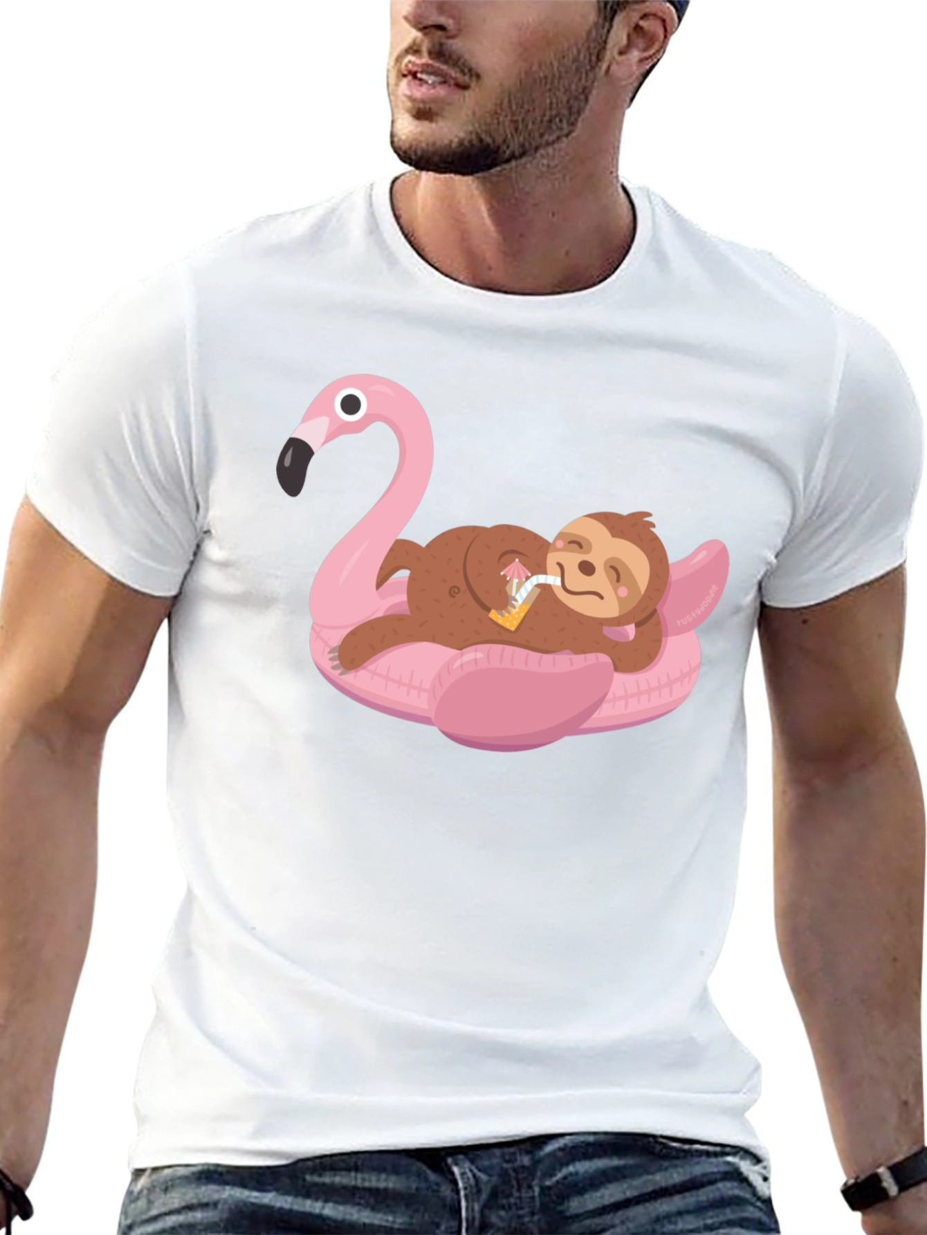 Sloth on Flamingo Pool Float Graphic Tee