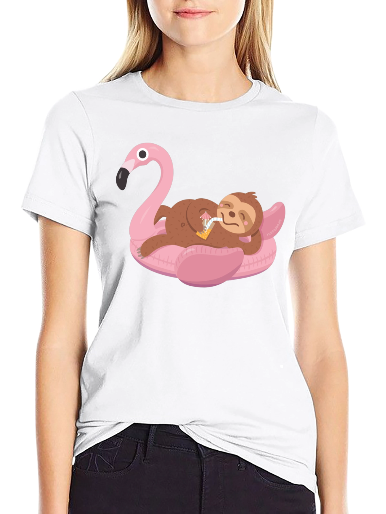 Sloth on Flamingo Pool Float Graphic Tee