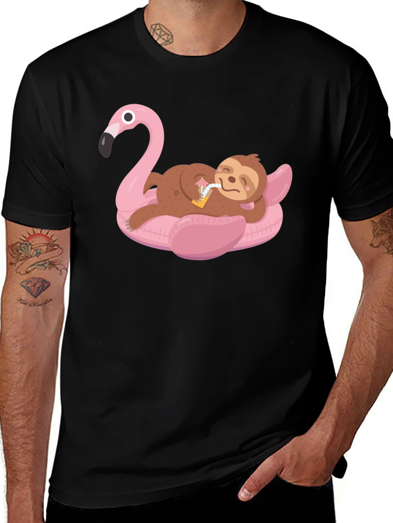 Sloth on Flamingo Pool Float Graphic Tee