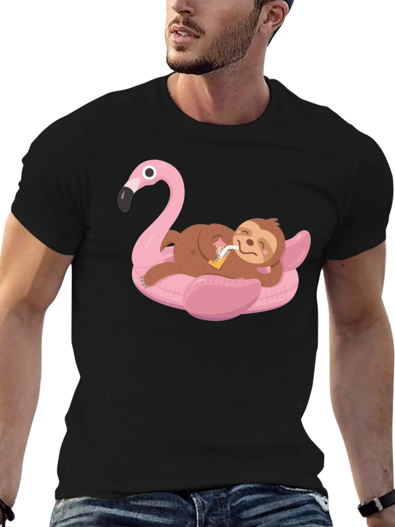 Sloth on Flamingo Pool Float Graphic Tee