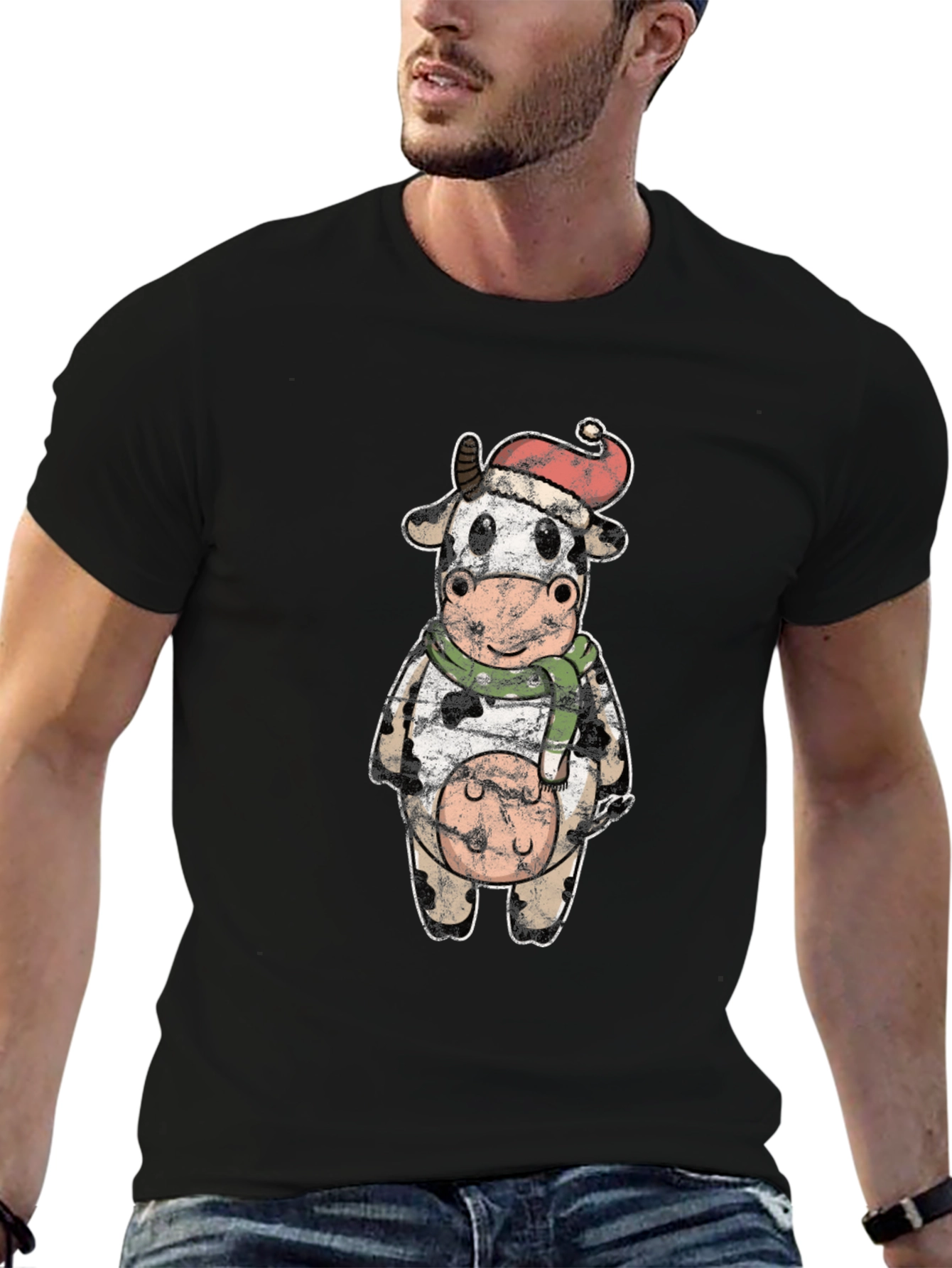 Festive Cow Graphic Tee - Holiday Season Style