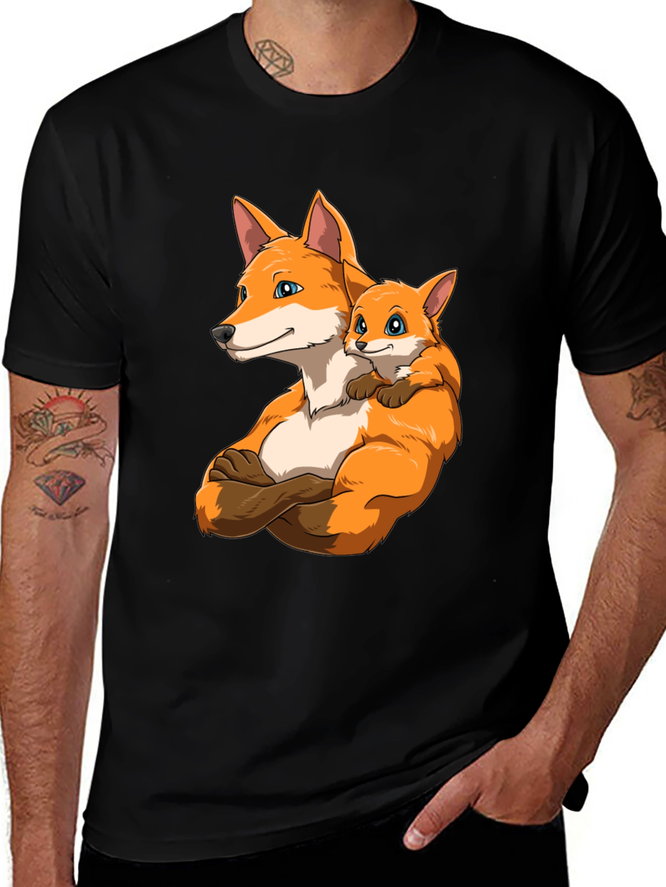 Fox Family Black T-Shirt - Cute Cartoon Design