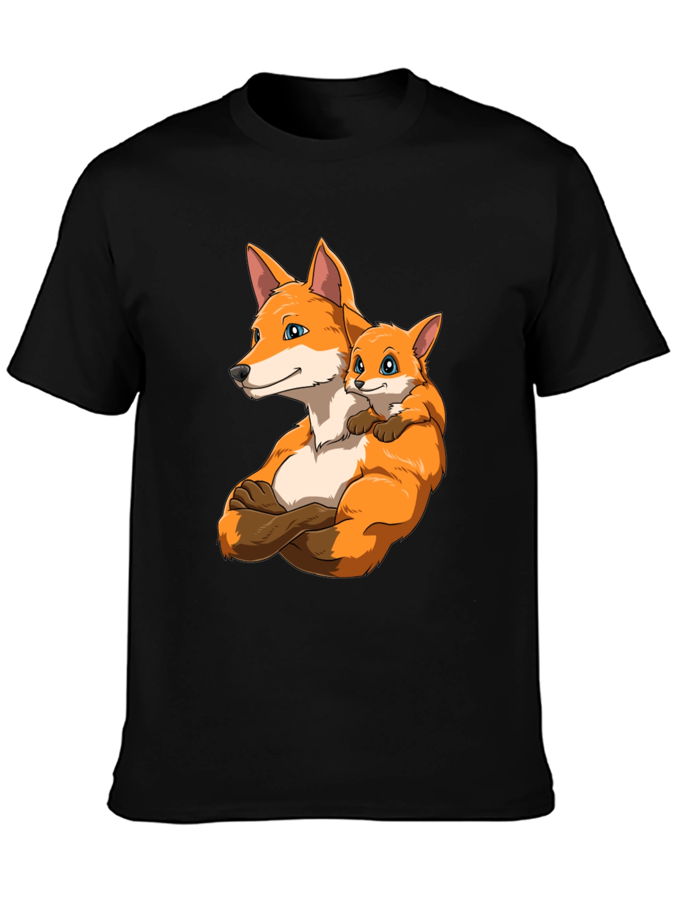 Fox Family Black T-Shirt - Cute Cartoon Design
