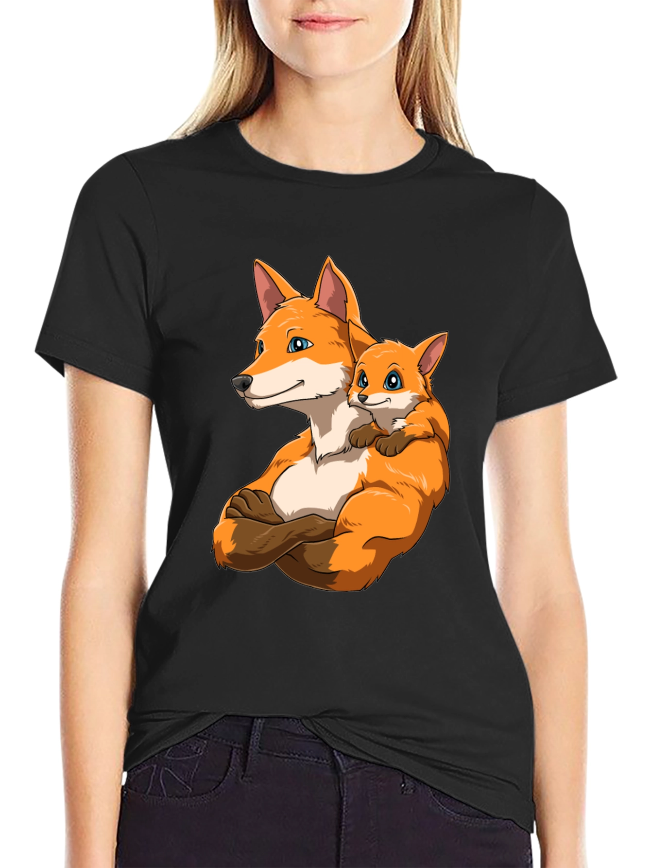 Fox Family Black T-Shirt - Cute Cartoon Design