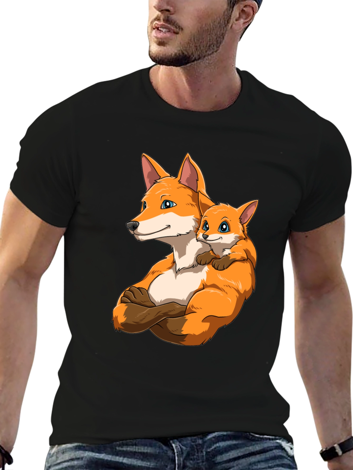 Fox Family Black T-Shirt - Cute Cartoon Design