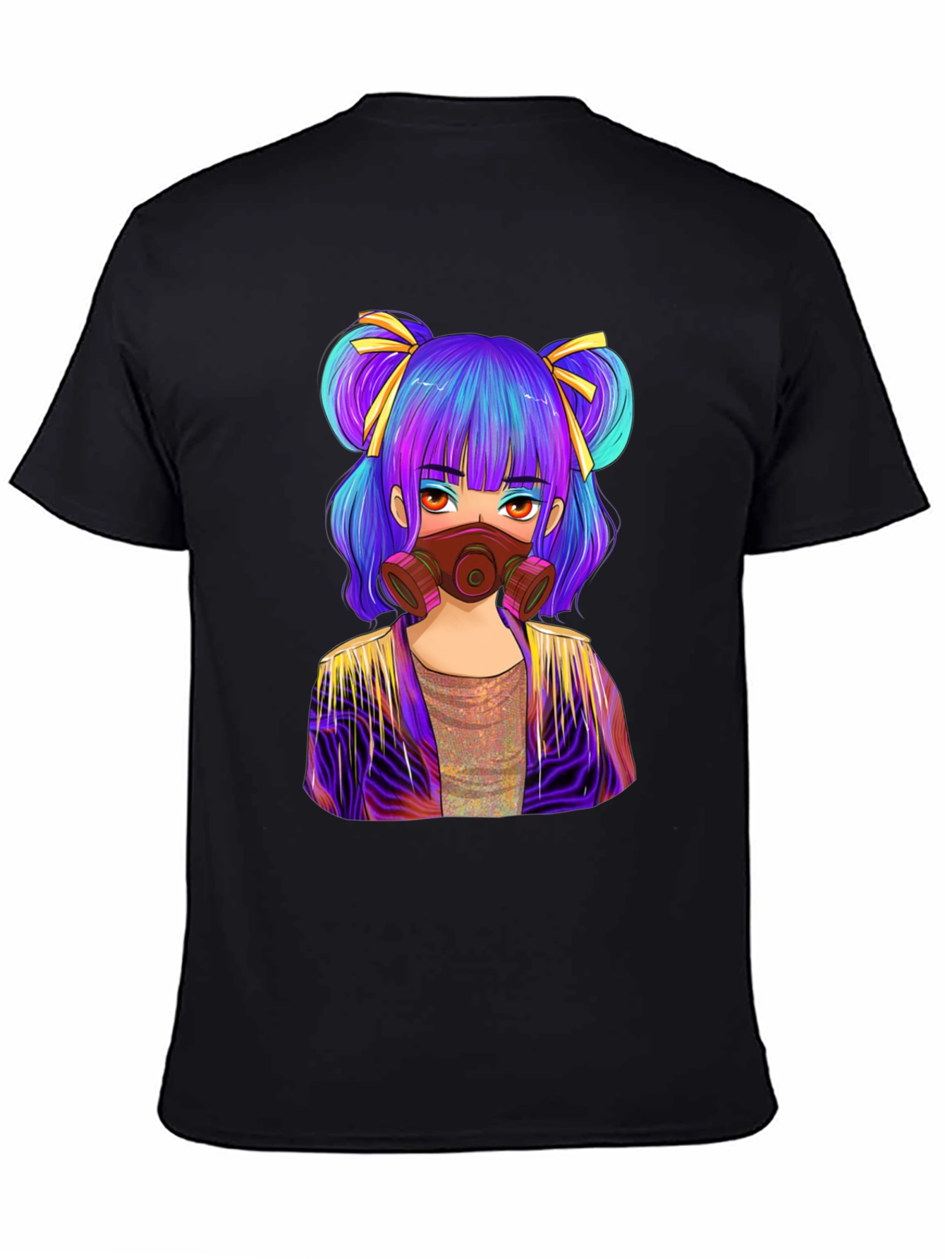 Anime Girl Gas Mask Graphic Tee - Black Cotton
