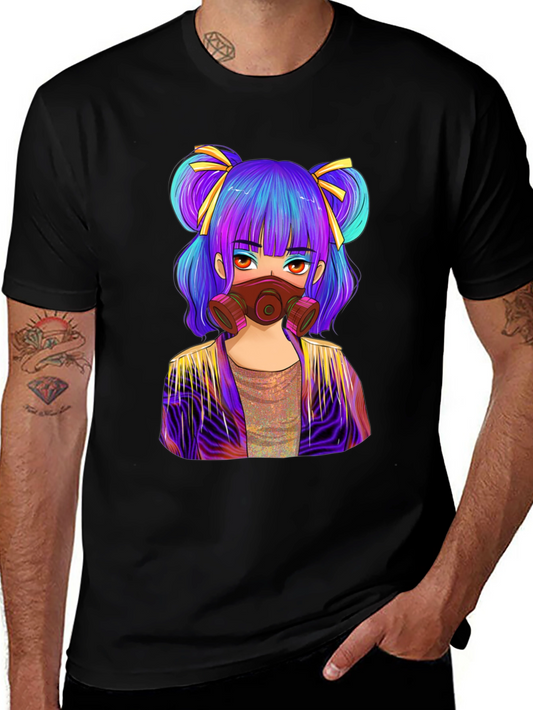 Anime Girl Gas Mask Graphic Tee - Black Cotton