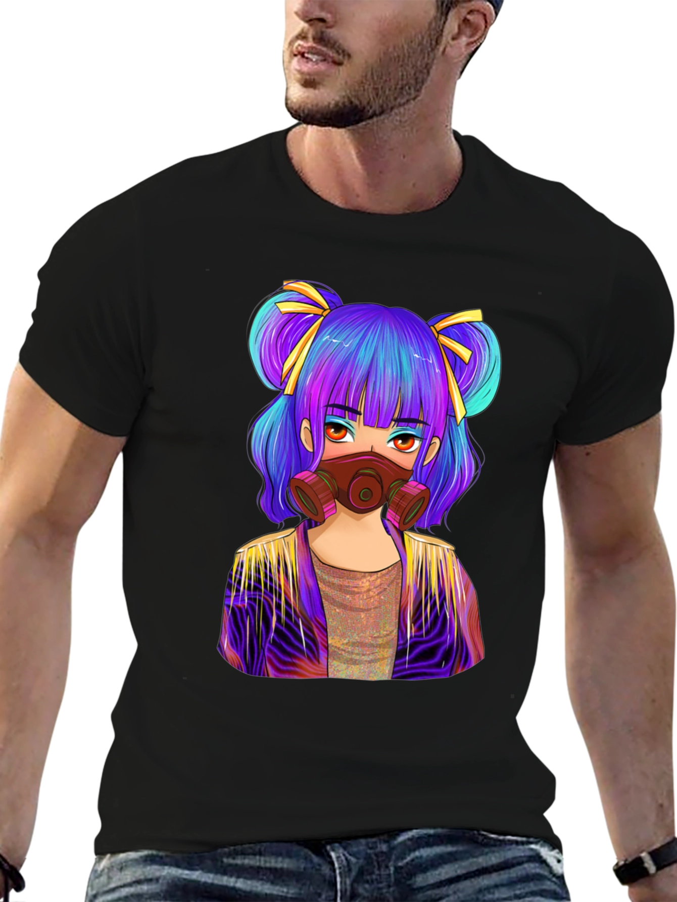 Anime Girl Gas Mask Graphic Tee - Black Cotton