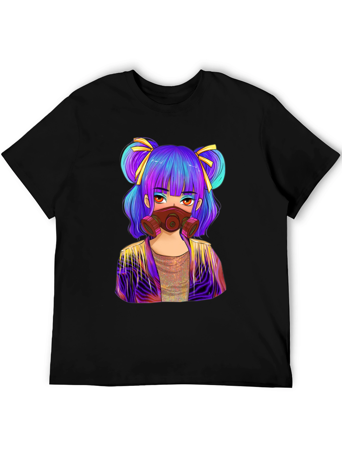 Anime Girl Gas Mask Graphic Tee - Black Cotton