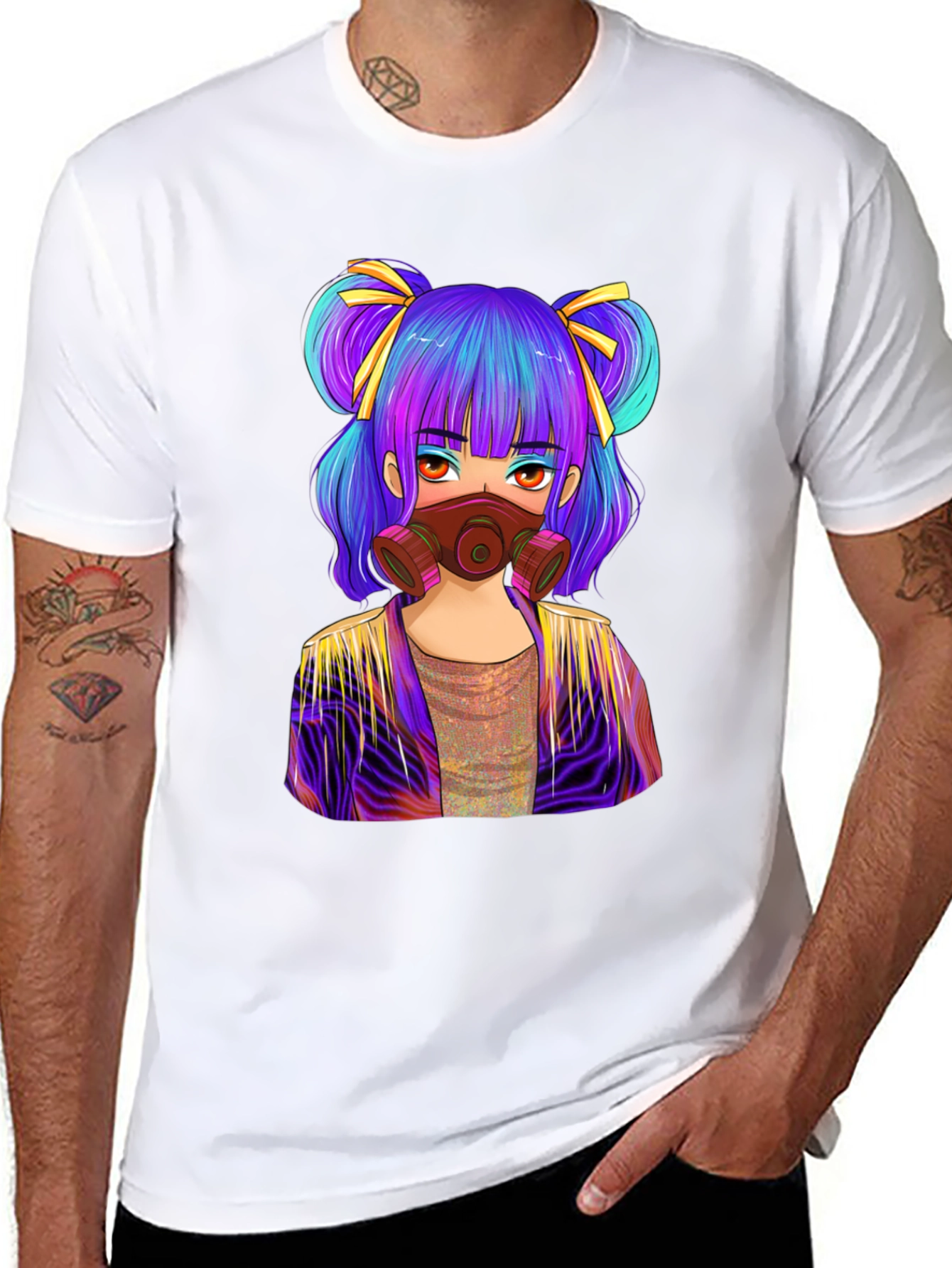 Anime Girl Gas Mask Graphic Tee - Black Cotton