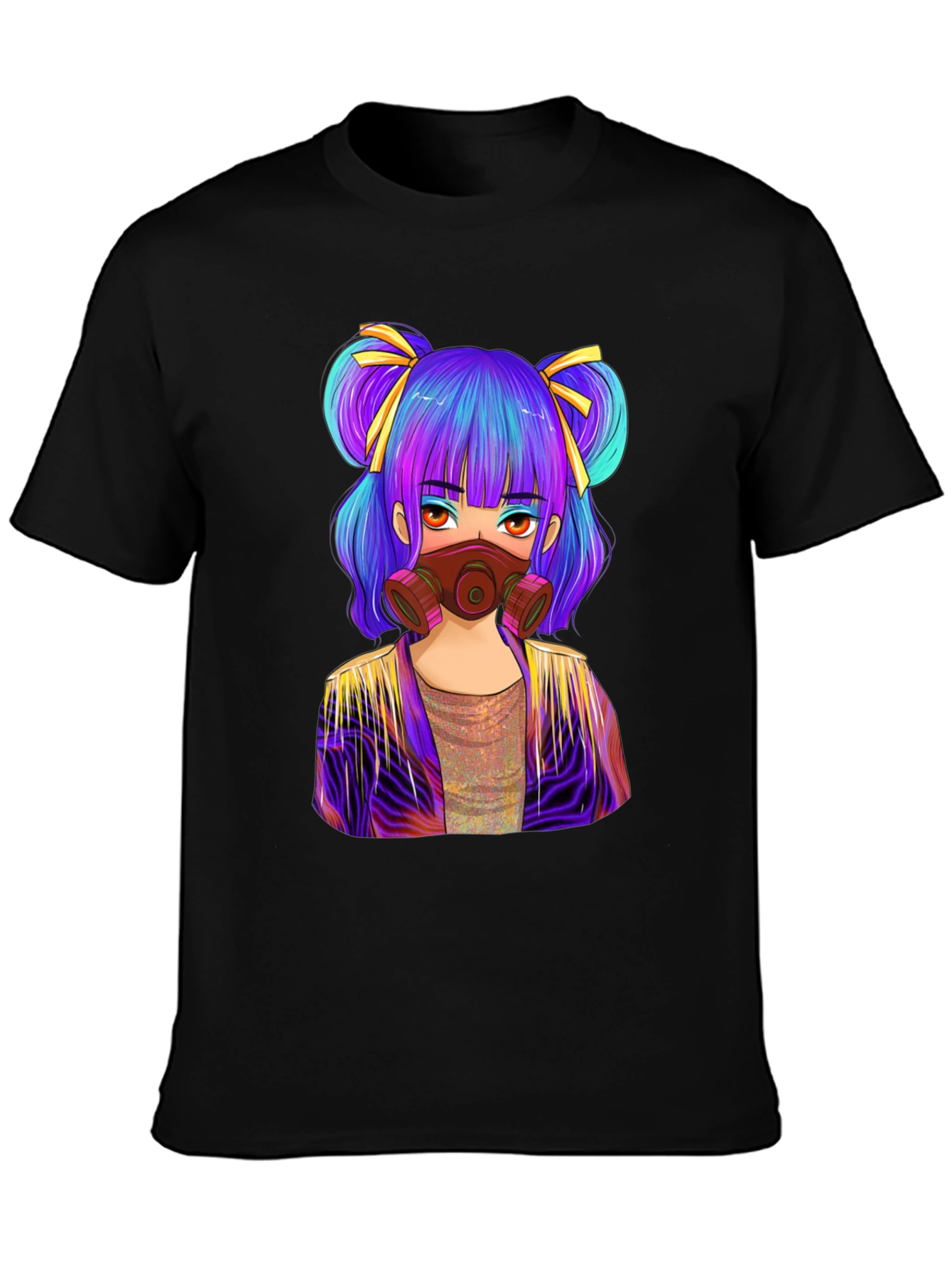 Anime Girl Gas Mask Graphic Tee - Black Cotton