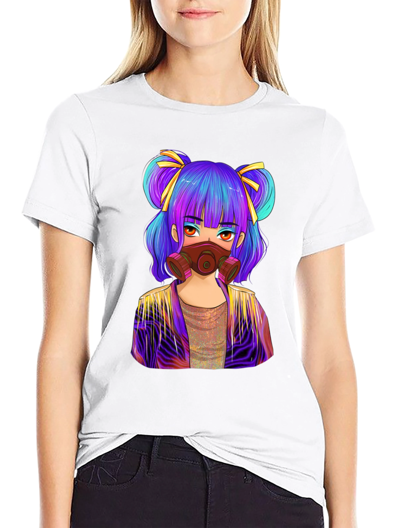 Anime Girl Gas Mask Graphic Tee - Black Cotton