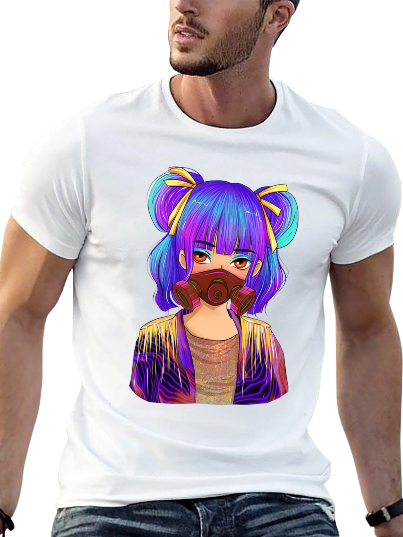 Anime Girl Gas Mask Graphic Tee - Black Cotton