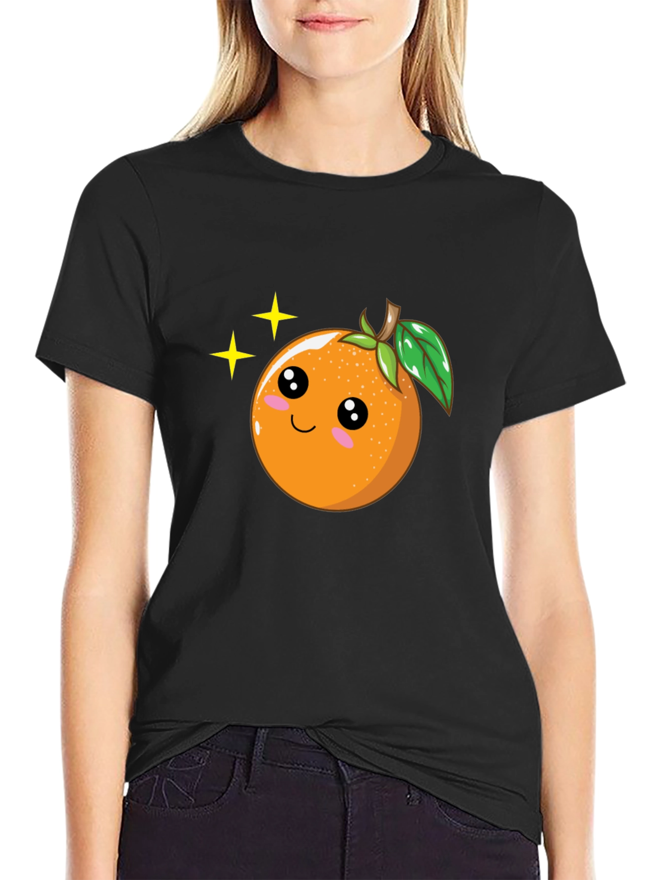 Cute Orange Cartoon Graphic Black T-Shirt