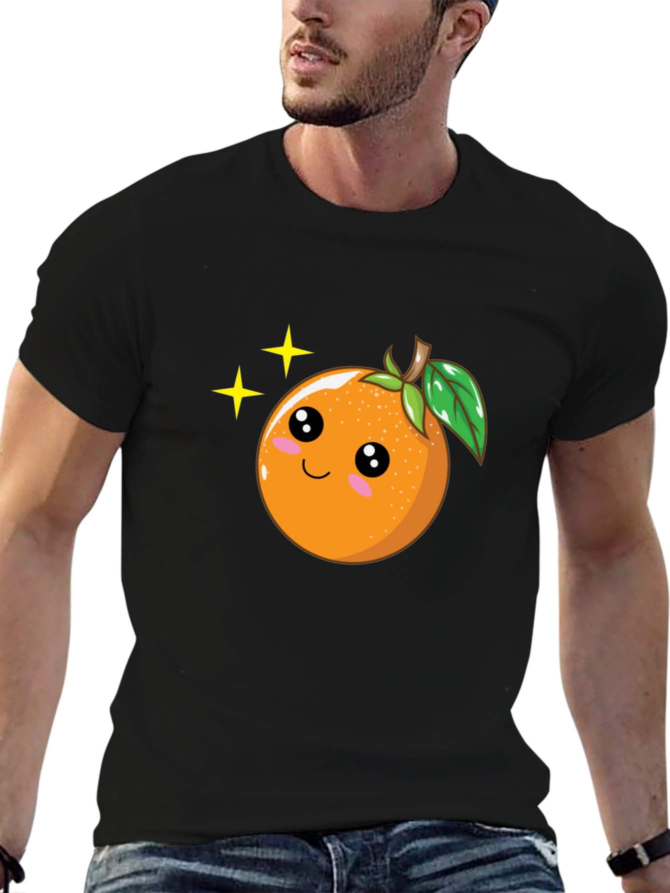 Cute Orange Cartoon Graphic Black T-Shirt