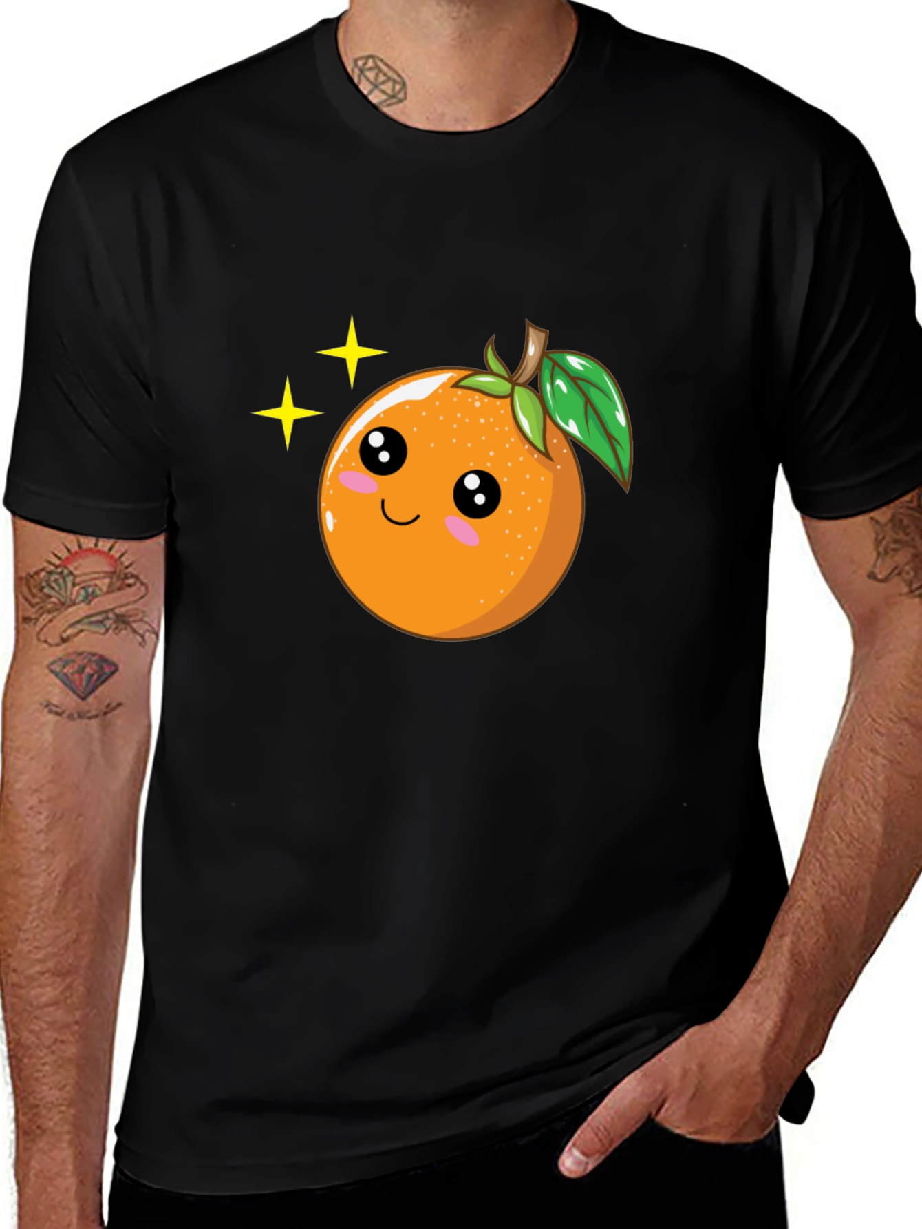 Cute Orange Cartoon Graphic Black T-Shirt