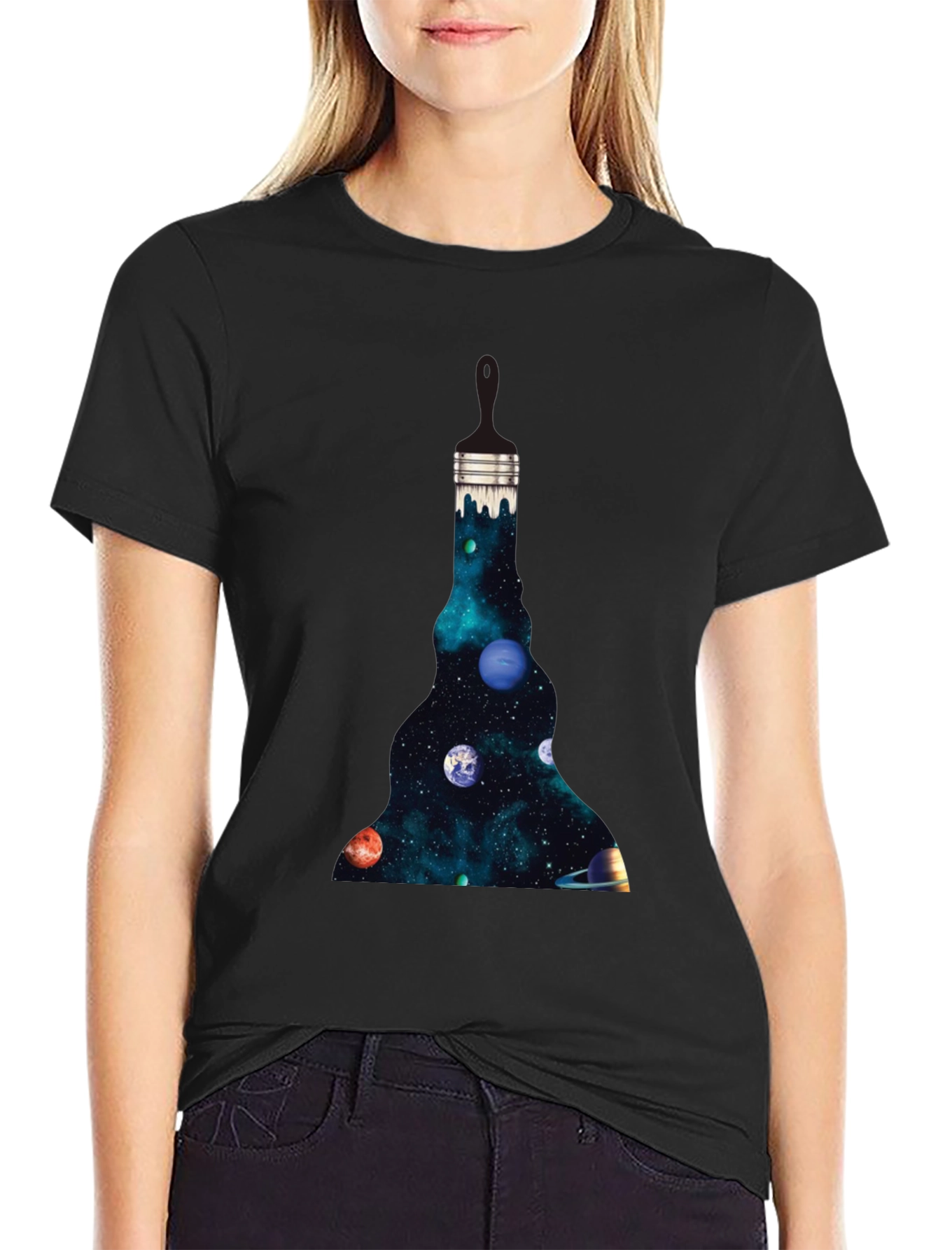 Galaxy Paintbrush Mens Black Graphic T-Shirt