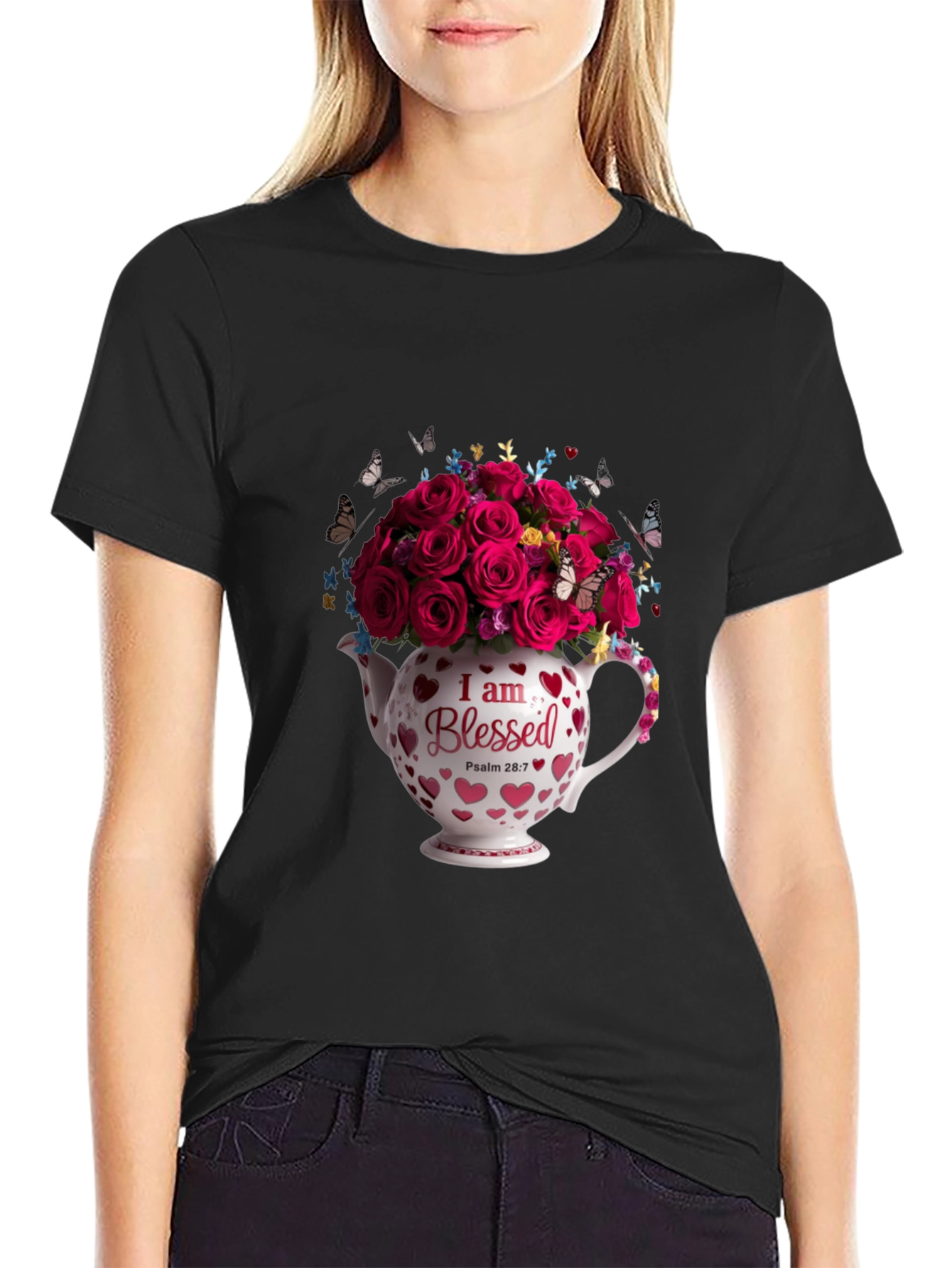 Blessed Roses in Teapot Graphic Tee - Black
