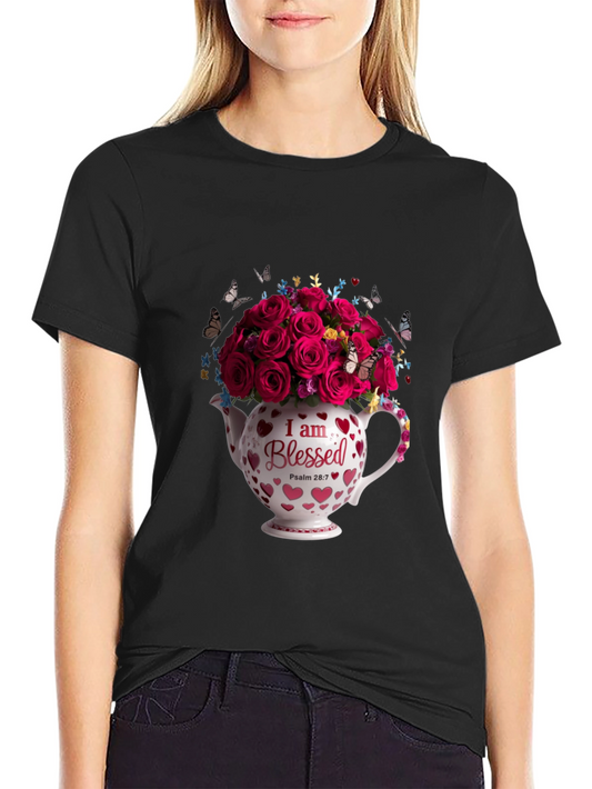 Blessed Roses in Teapot Graphic Tee - Black