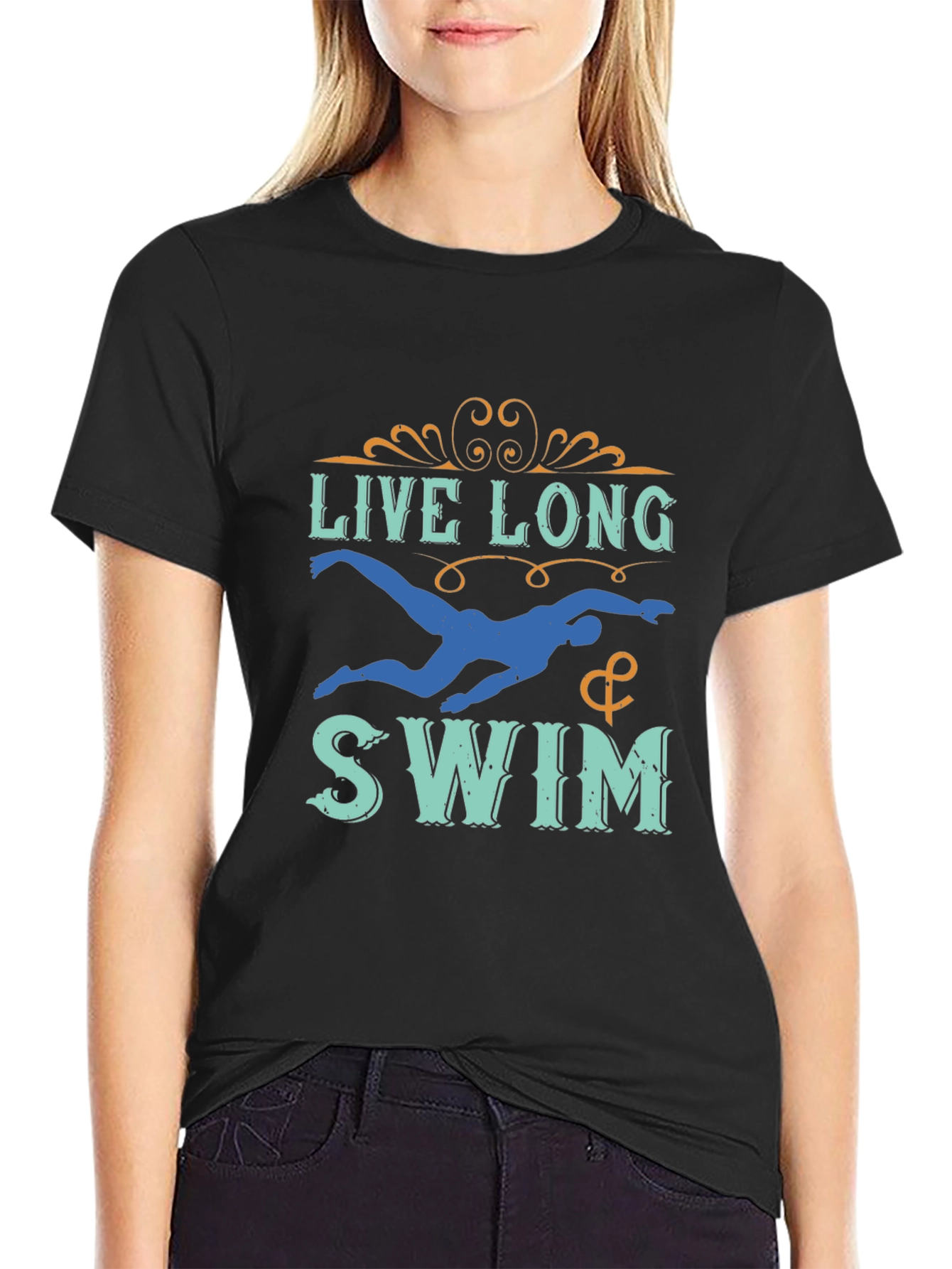 Live Long & Swim T-Shirt - Black Aquatic Design