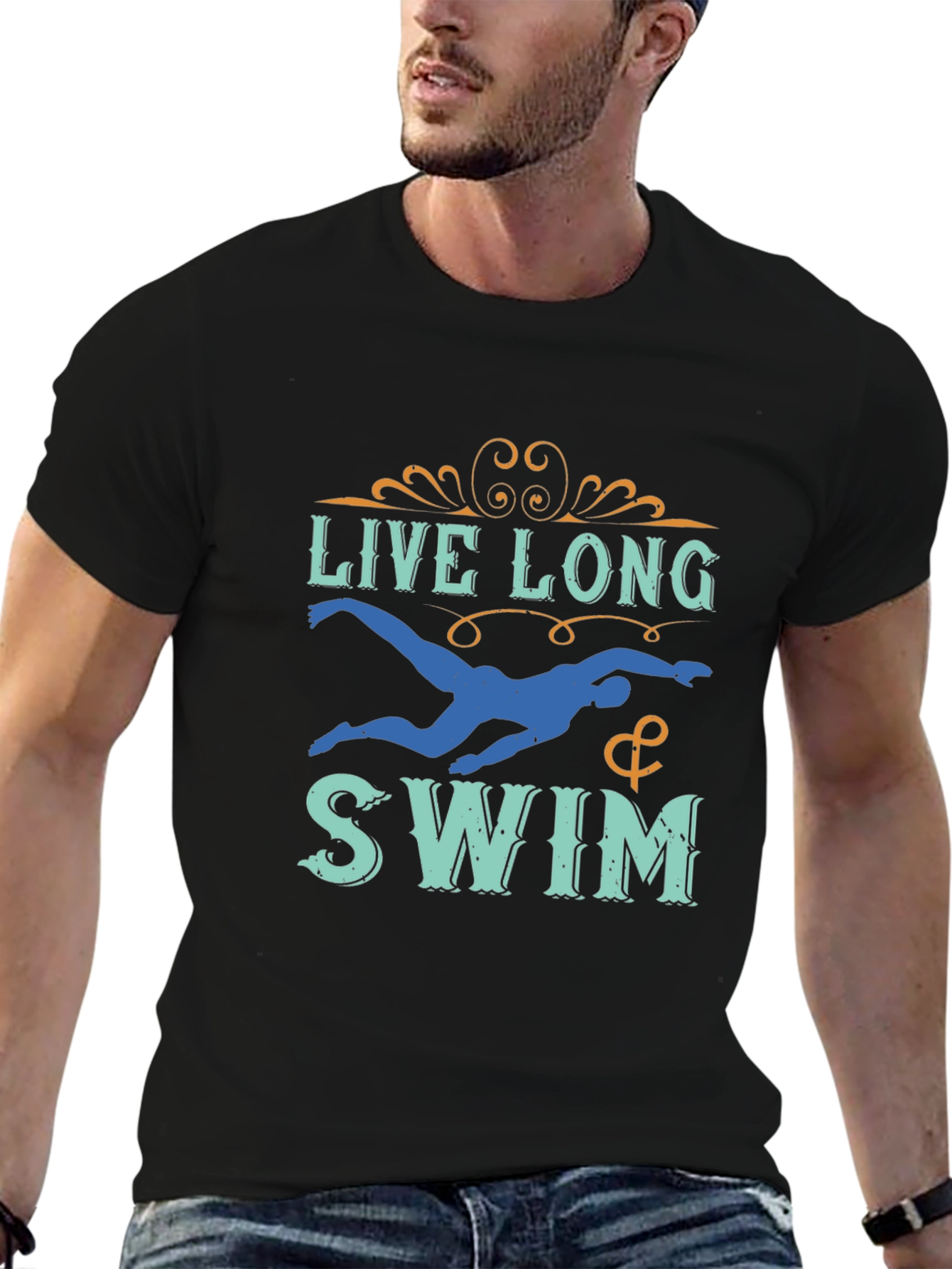 Live Long & Swim T-Shirt - Black Aquatic Design