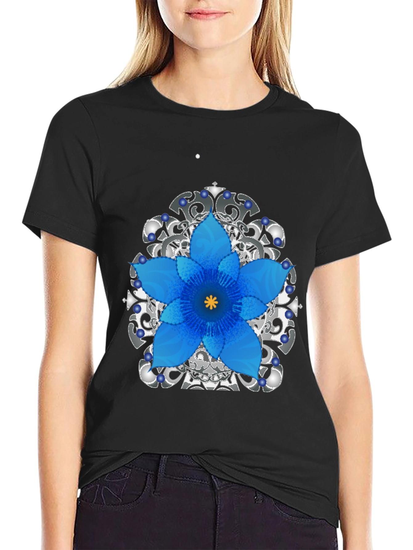 Floral Mandala Mens Black Graphic Tee