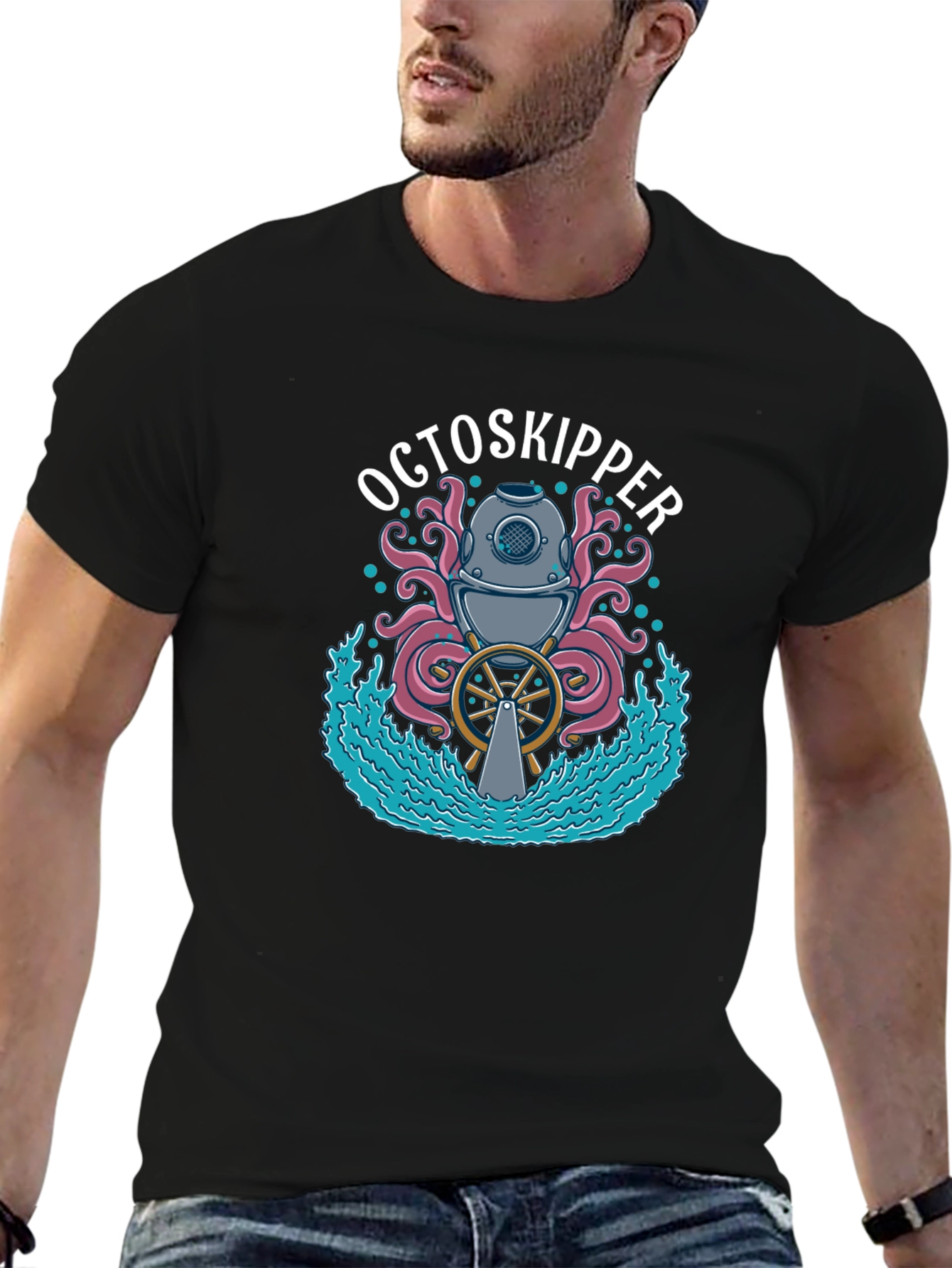 OctoSkipper Graphic T-Shirt - Nautical Octopus Diver Design