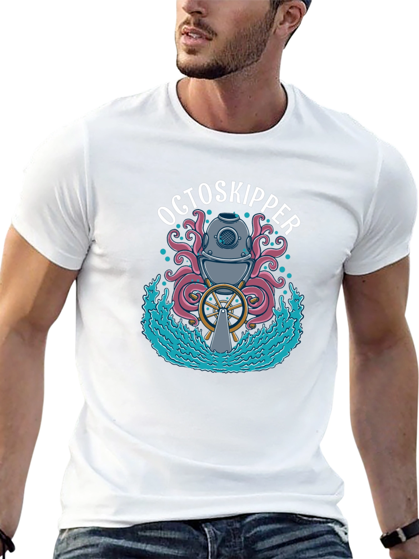 OctoSkipper Graphic T-Shirt - Nautical Octopus Diver Design