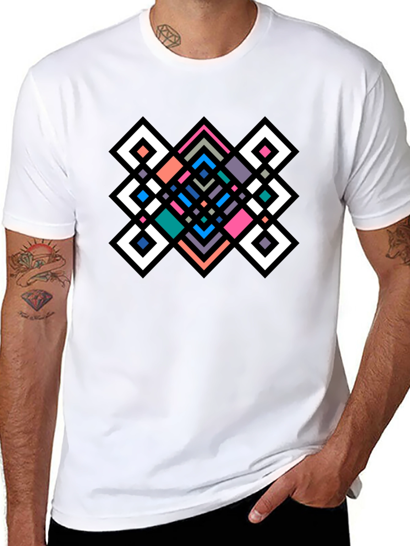 Geometric Diamond Pattern Black Tee