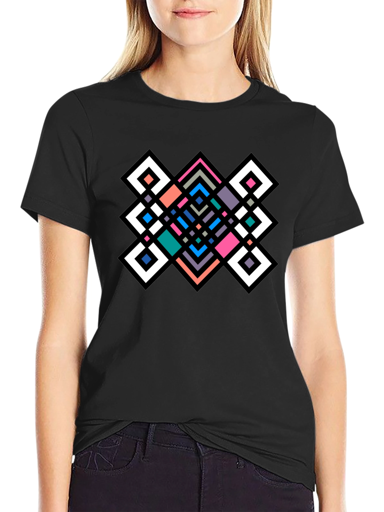 Geometric Diamond Pattern Black Tee