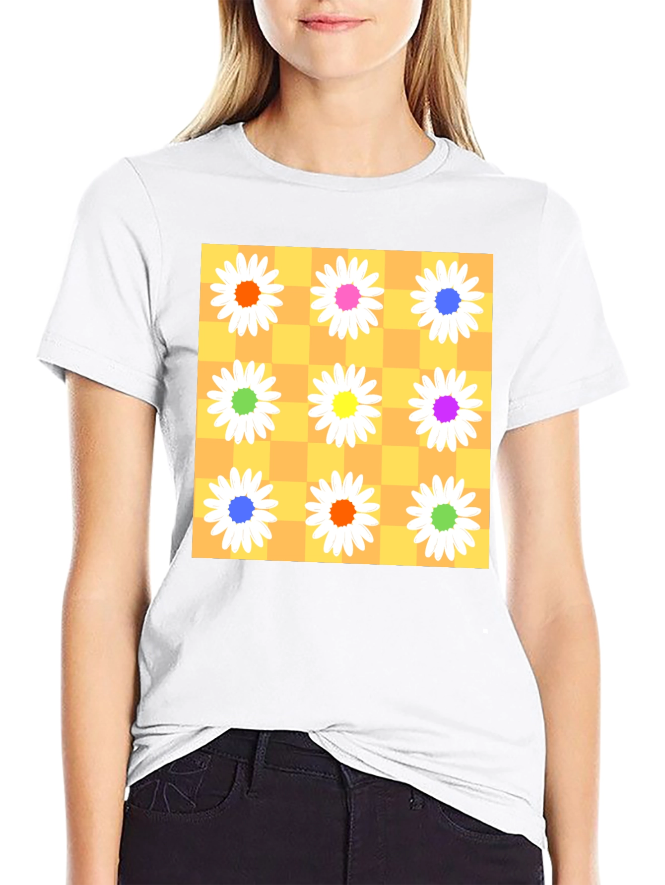 Floral Checkerboard Graphic Tee - Vibrant Daisy Design