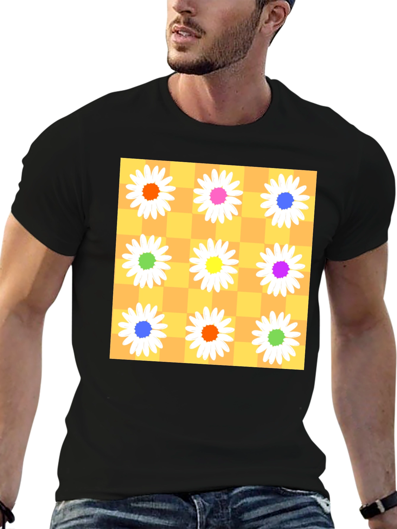 Floral Checkerboard Graphic Tee - Vibrant Daisy Design