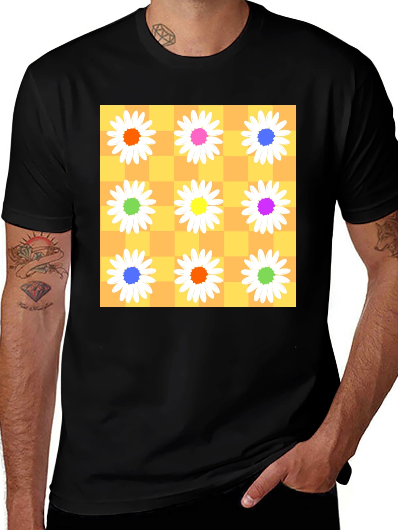 Floral Checkerboard Graphic Tee - Vibrant Daisy Design