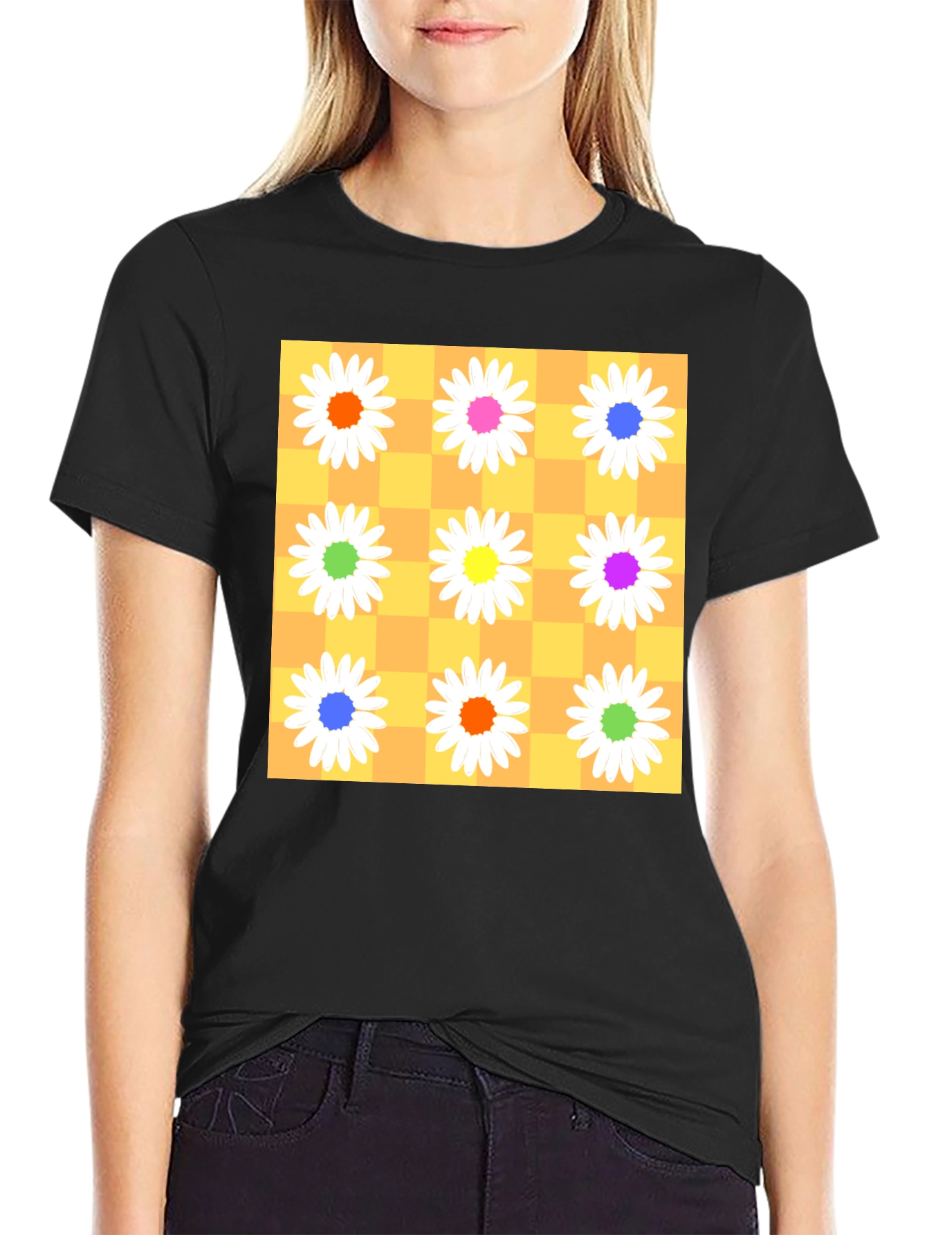 Floral Checkerboard Graphic Tee - Vibrant Daisy Design