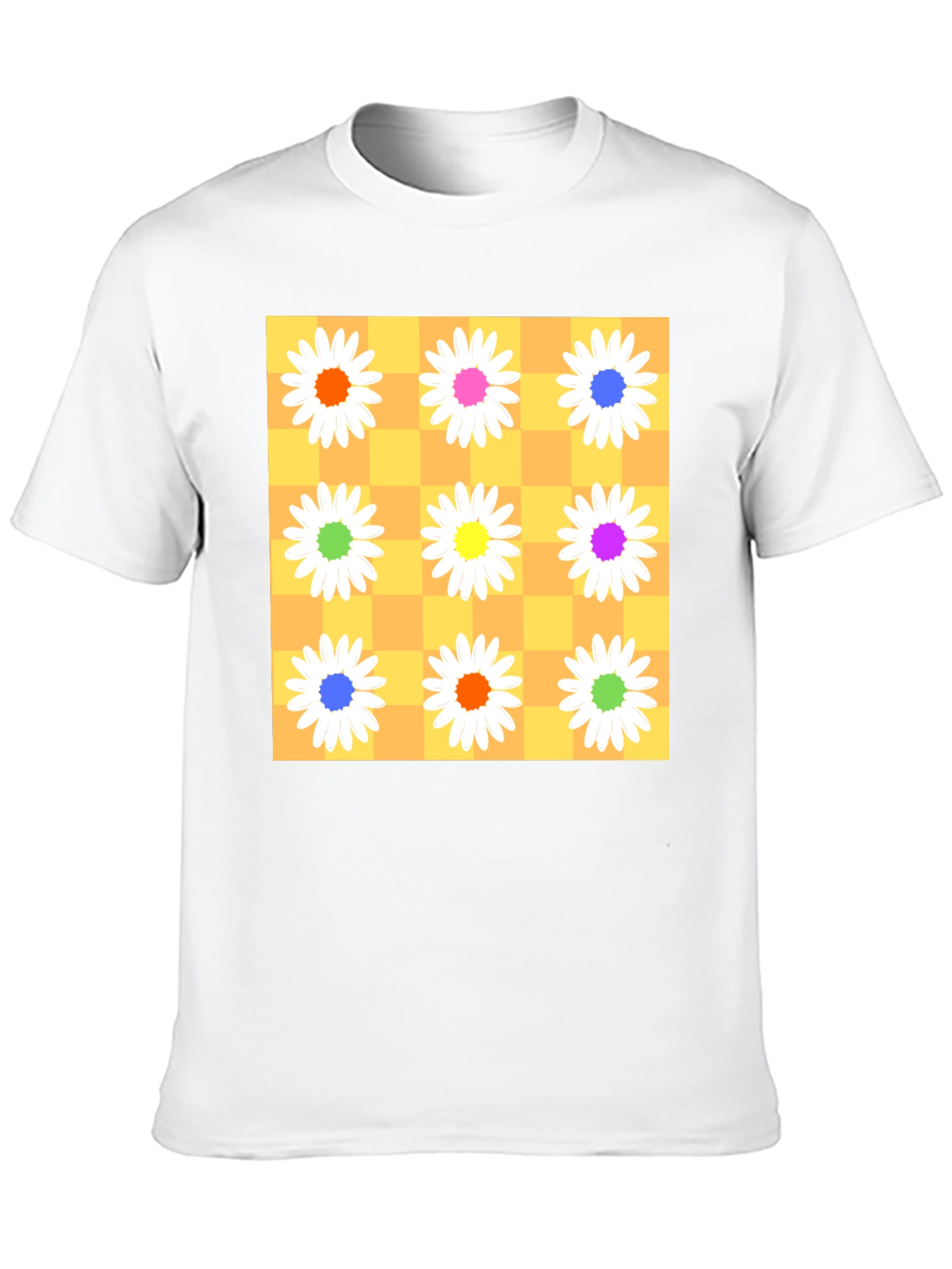 Floral Checkerboard Graphic Tee - Vibrant Daisy Design