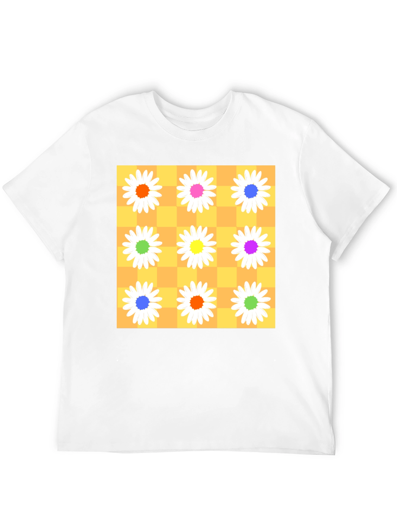 Floral Checkerboard Graphic Tee - Vibrant Daisy Design