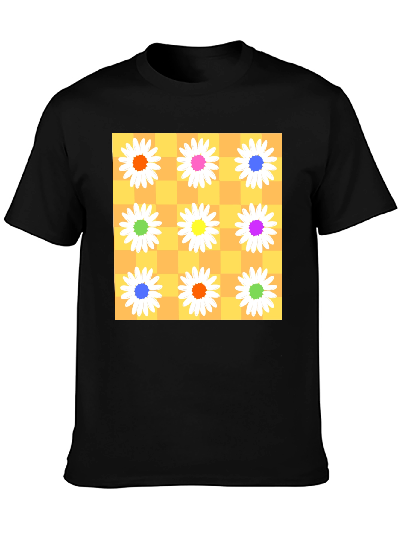 Floral Checkerboard Graphic Tee - Vibrant Daisy Design